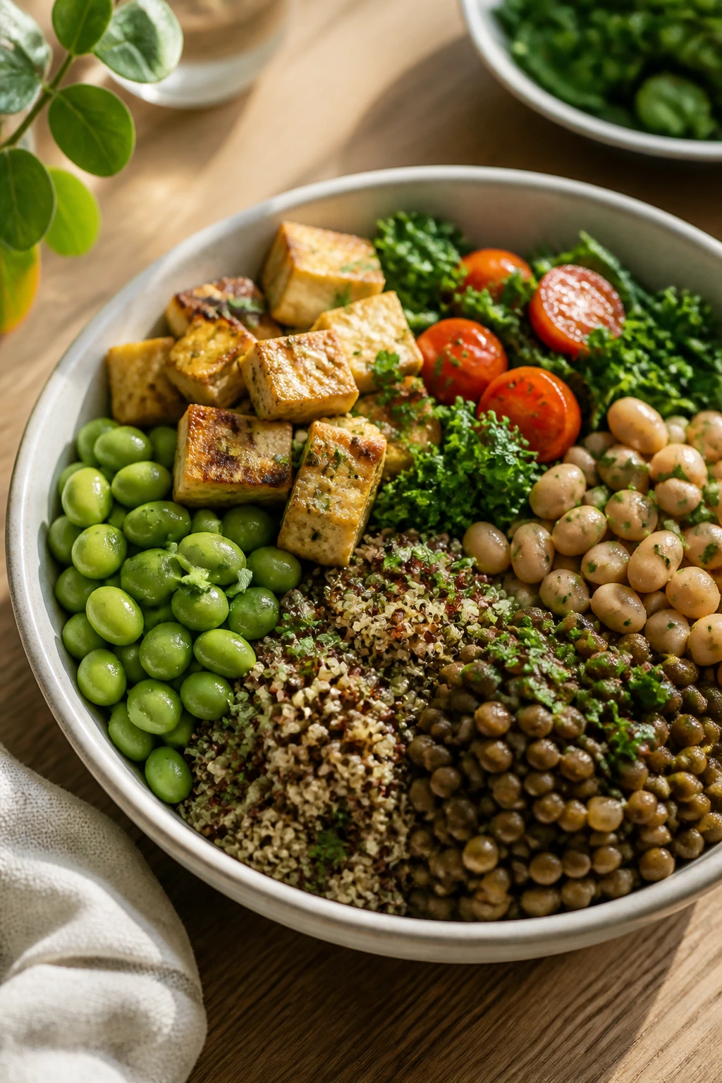 Plate with protein-rich vegetarian foods including beans, lentils, tofu, edamame and quinoa