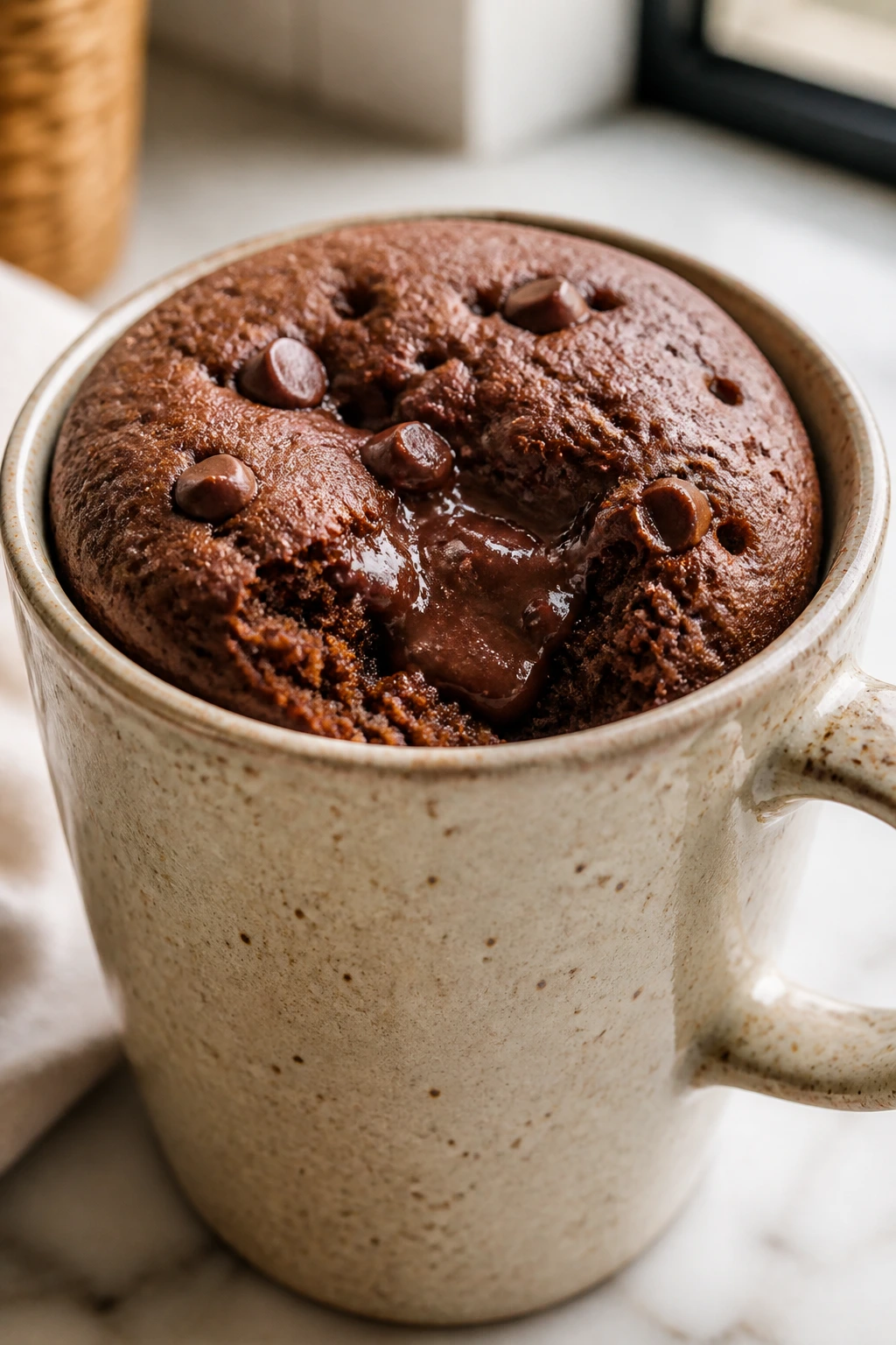 Close-up of a fudgy protein mug cake in a ceramic mug on a kitchen counter