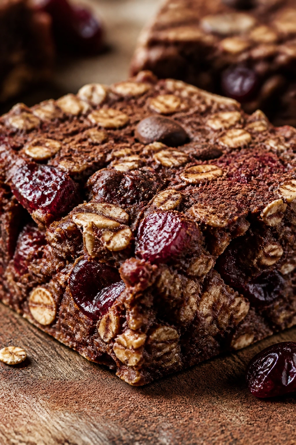 Close-up of a chocolate cherry protein oat bar on a cutting board.