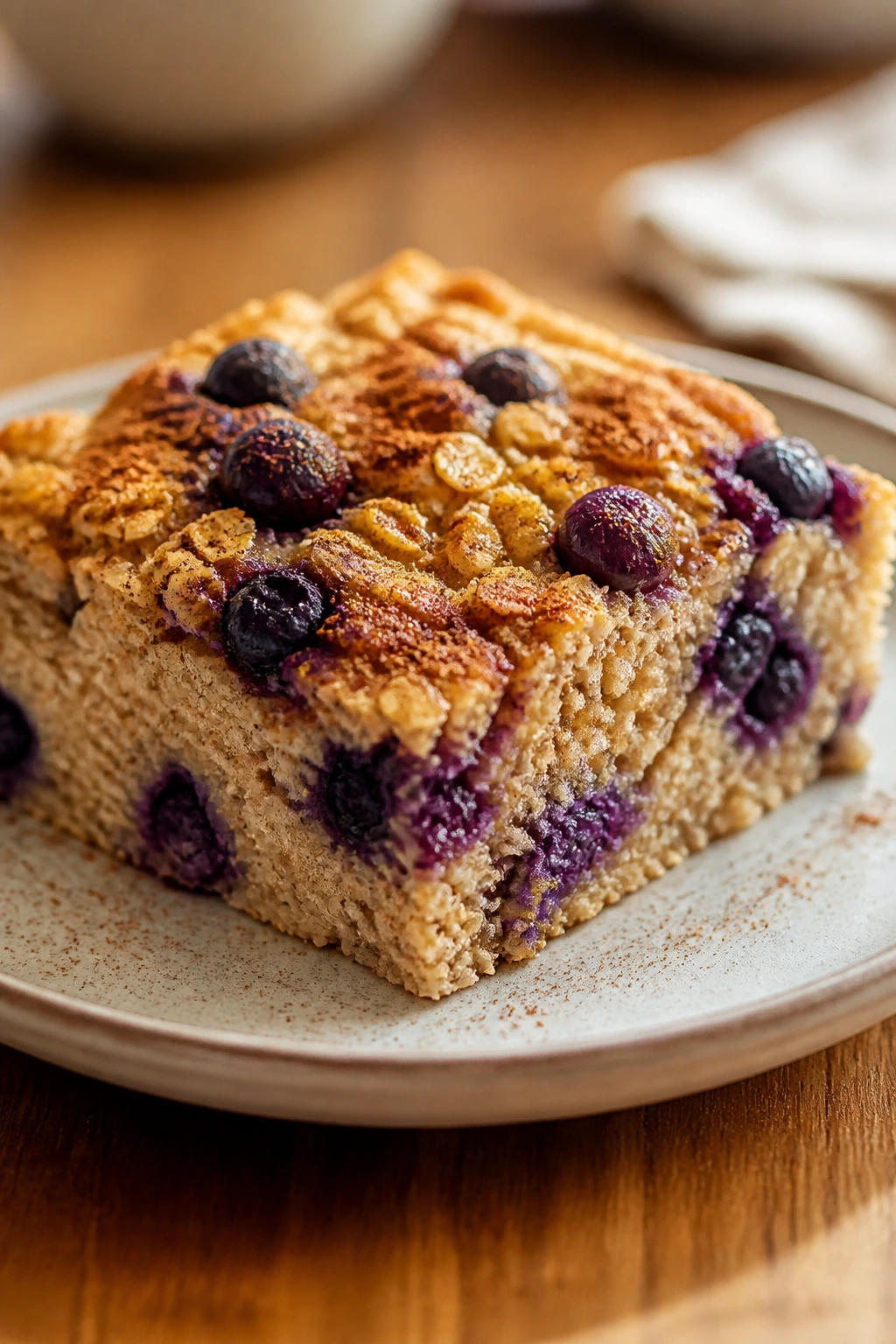Slice of protein-packed oatmeal bake with blueberries