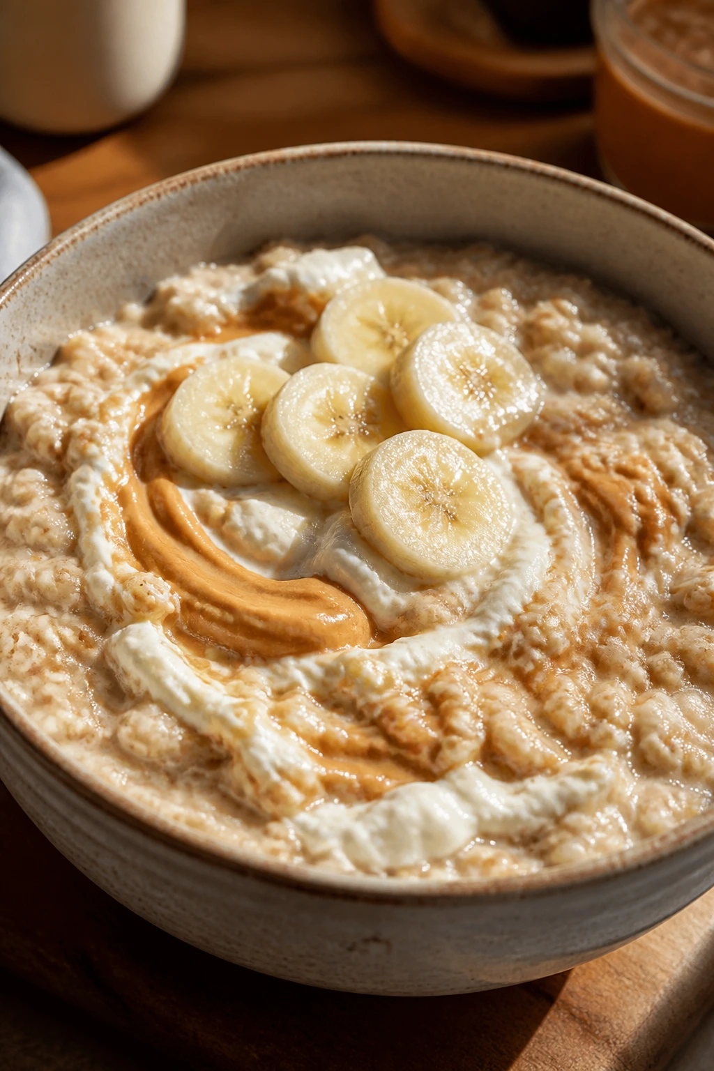 Close-up of protein oatmeal with peanut butter and egg whites topped with banana in a rustic kitchen