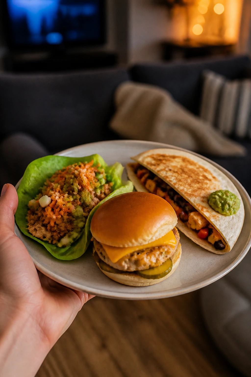 Close-up of a hand-held plate with protein-packed bites in a cozy living room