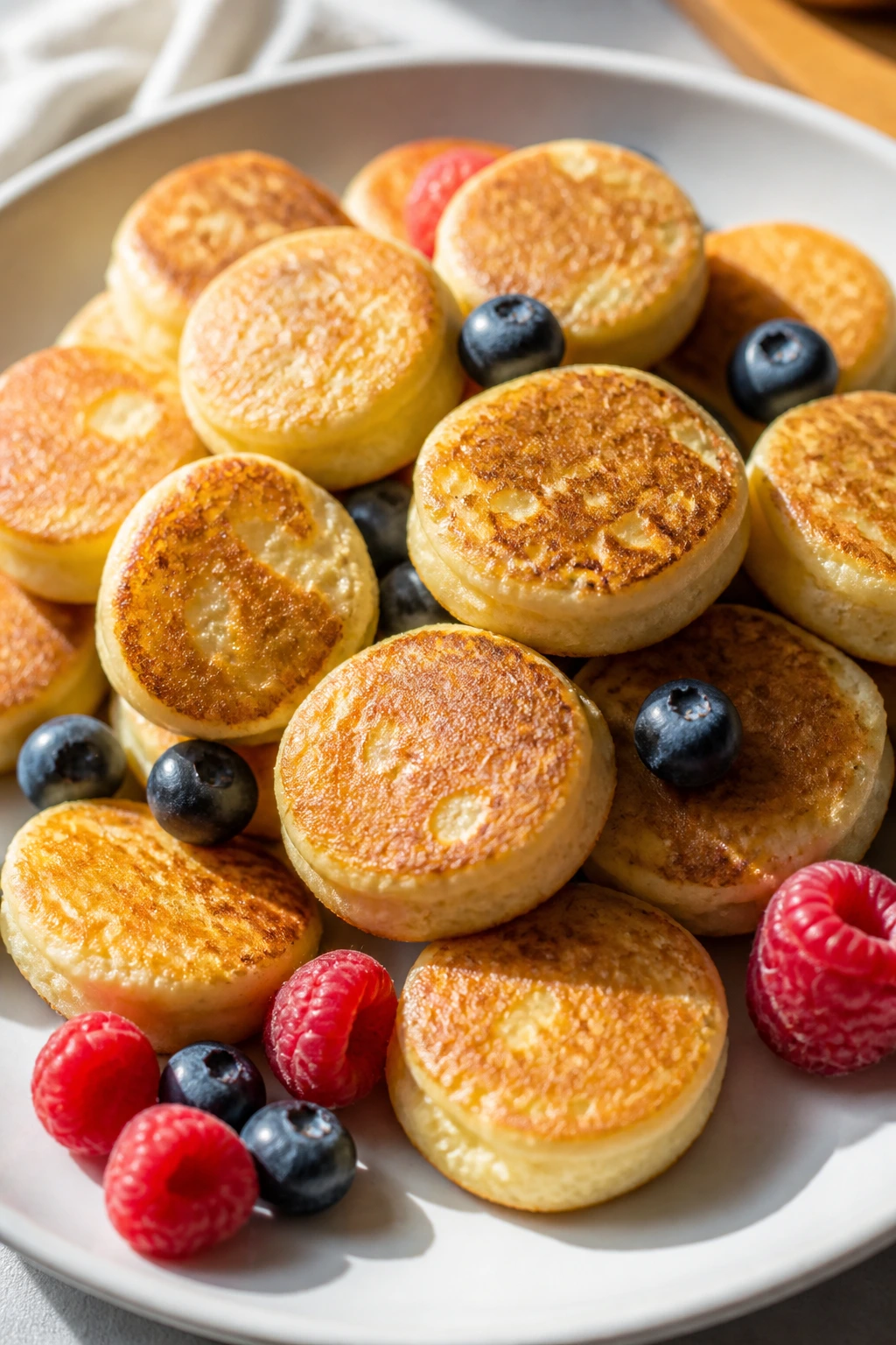 Plate of protein pancake bites with berries on a bright breakfast table