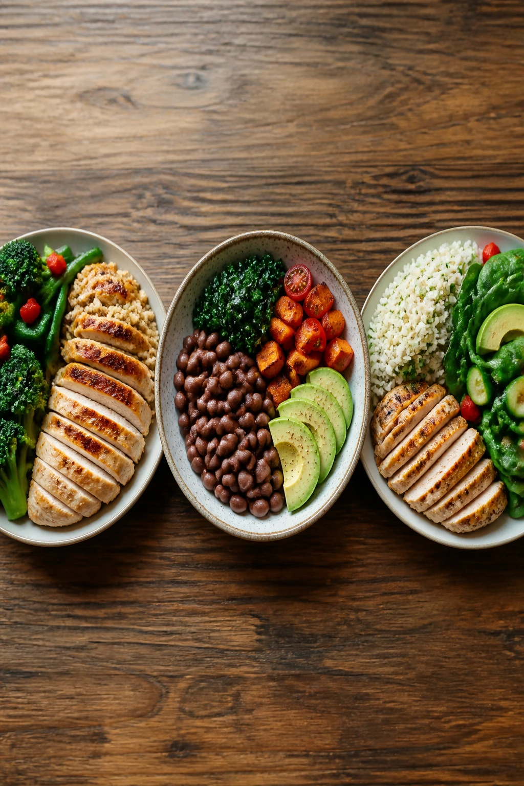 Top-down trio of plates showing high-protein, plant-forward, and lower-carb meals