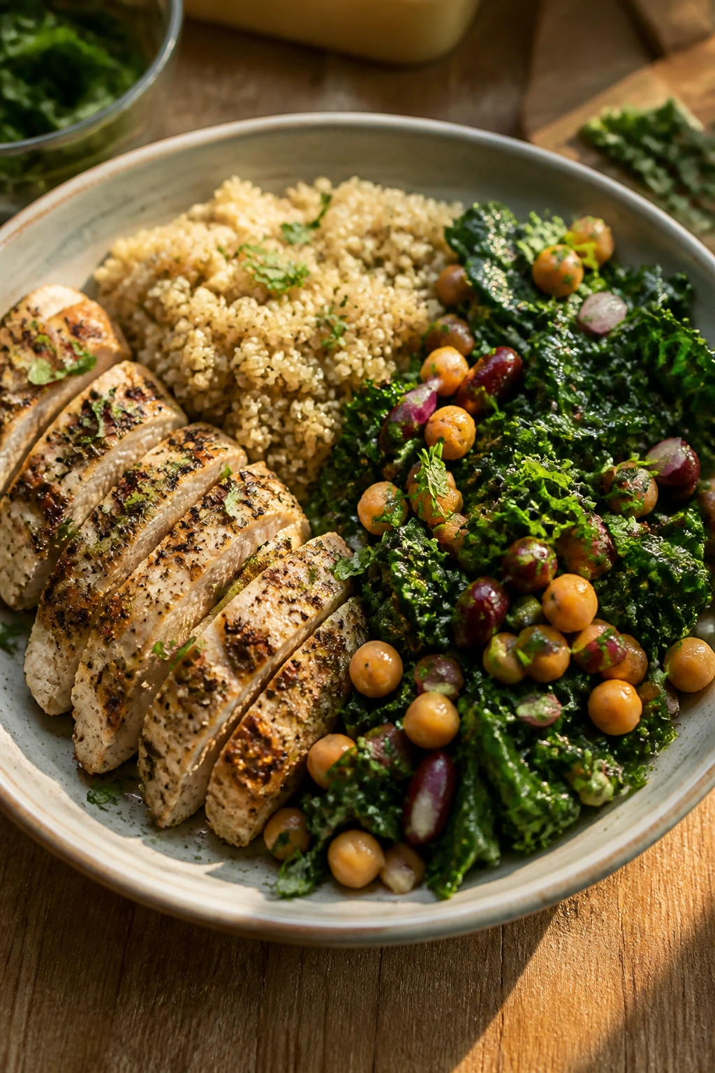 Close-up of a balanced under-500 calorie plate showing protein, beans, greens, and grains in a warm kitchen.