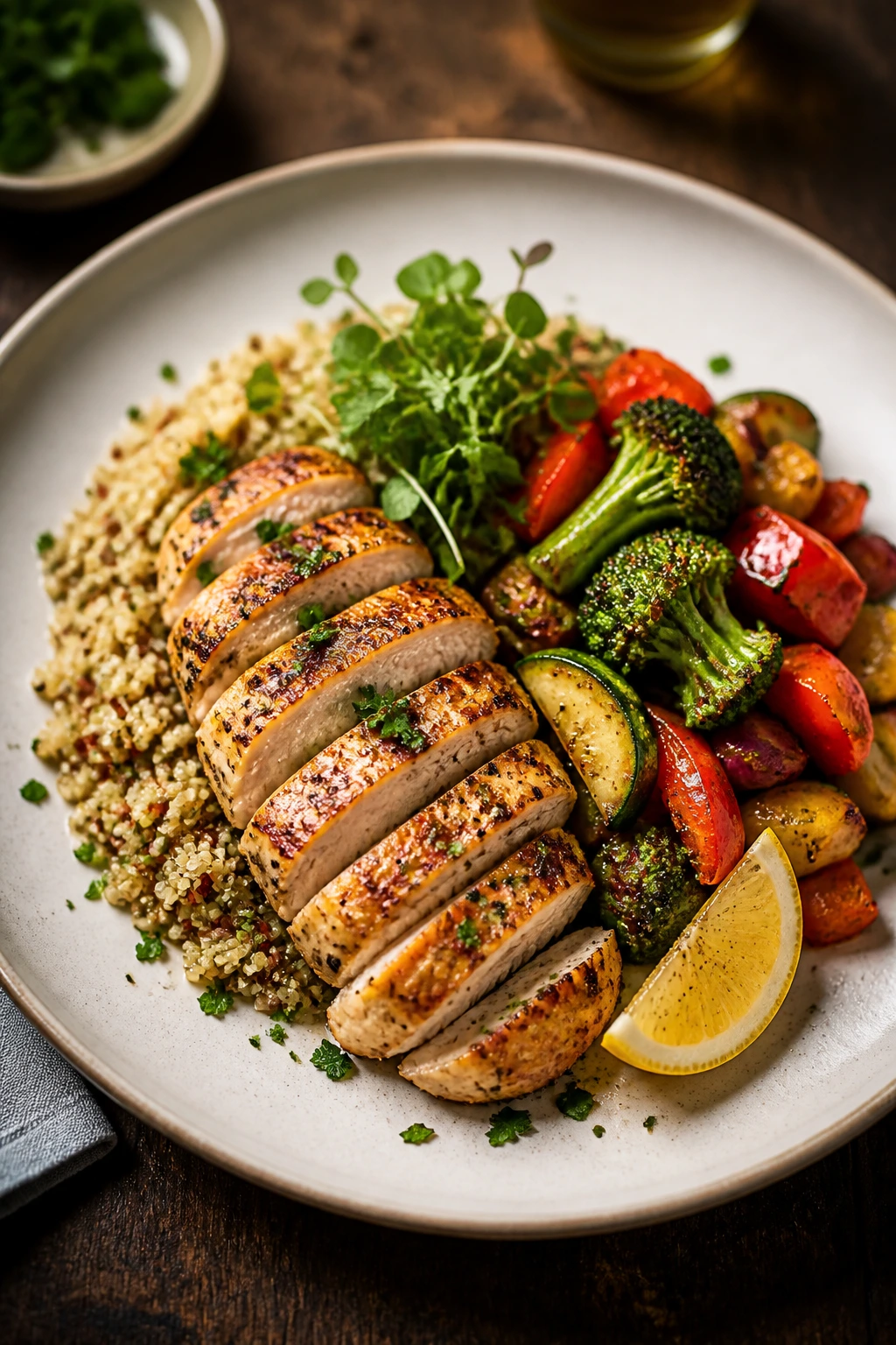 Plated high-protein dinner with garnish on plate