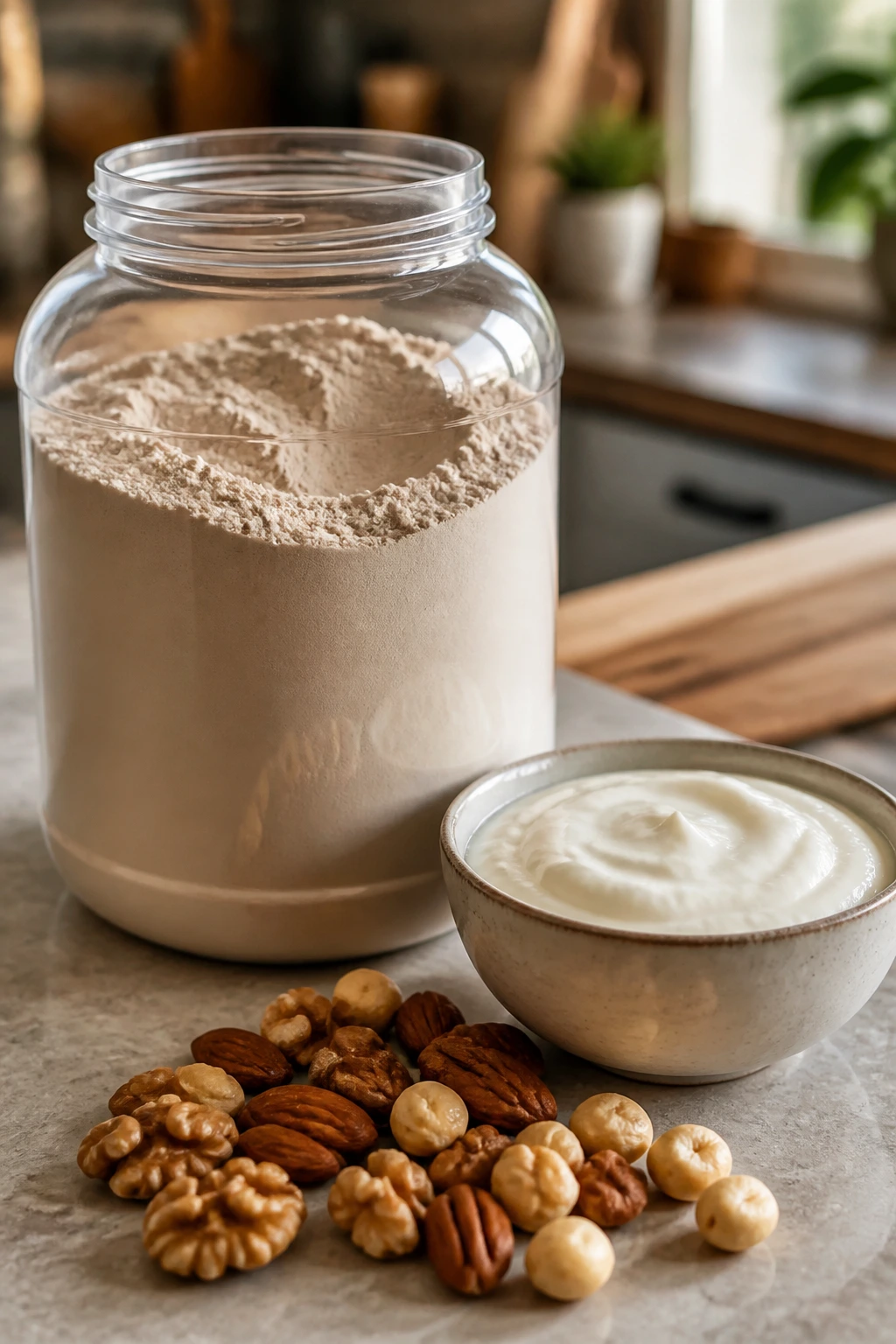 Unlabeled protein powder jar with yogurt and nuts on counter