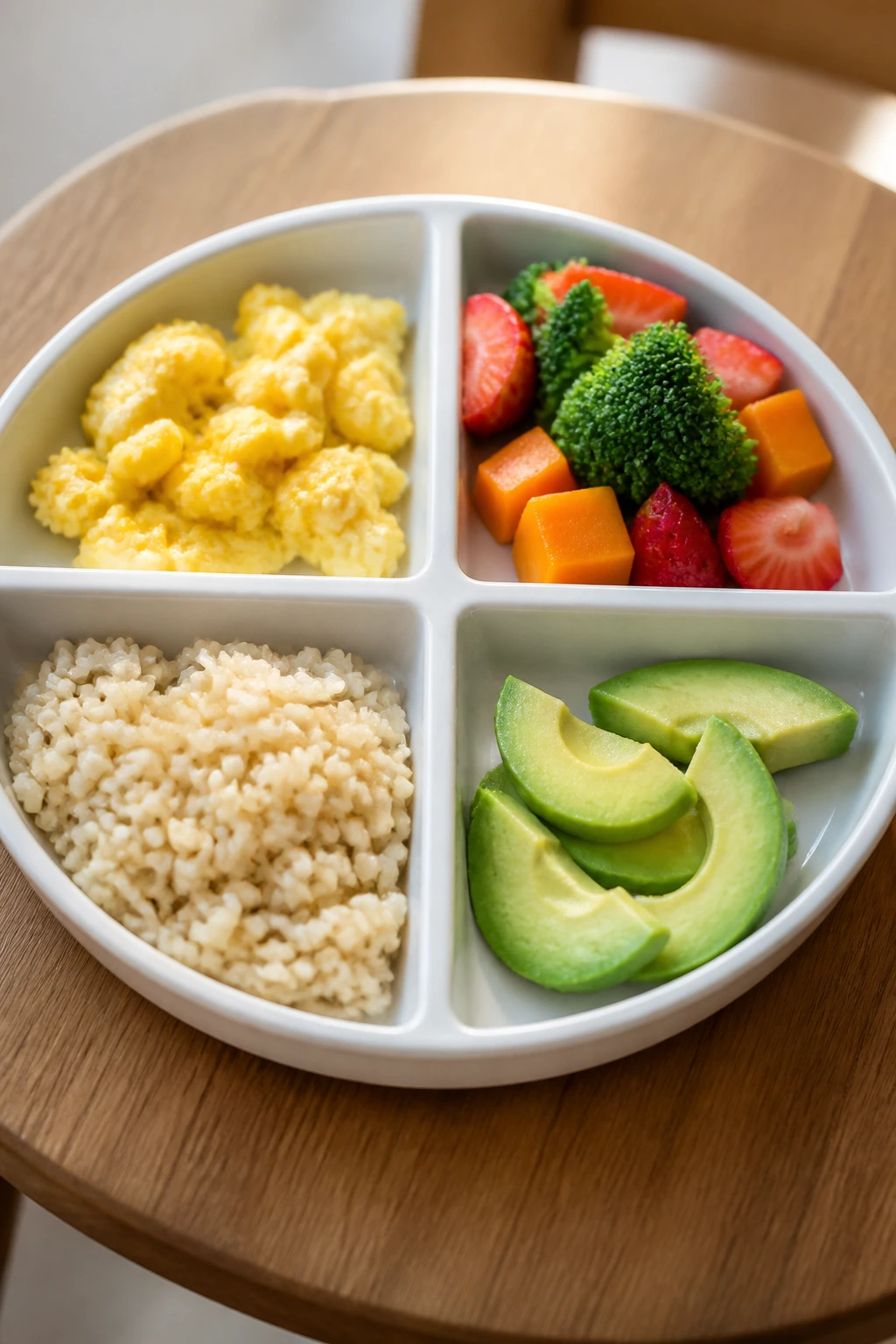 Plate divided into four sections with protein, produce, starch, and fat on a dining table.