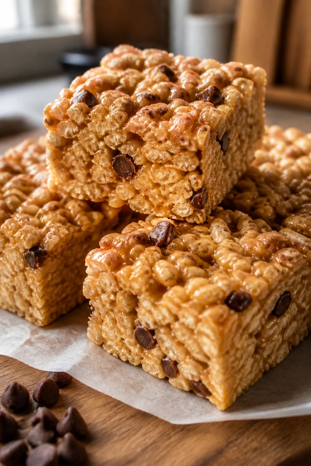 Close-up of Protein Rice Krispie Treats on parchment with peanut butter and chocolate chips