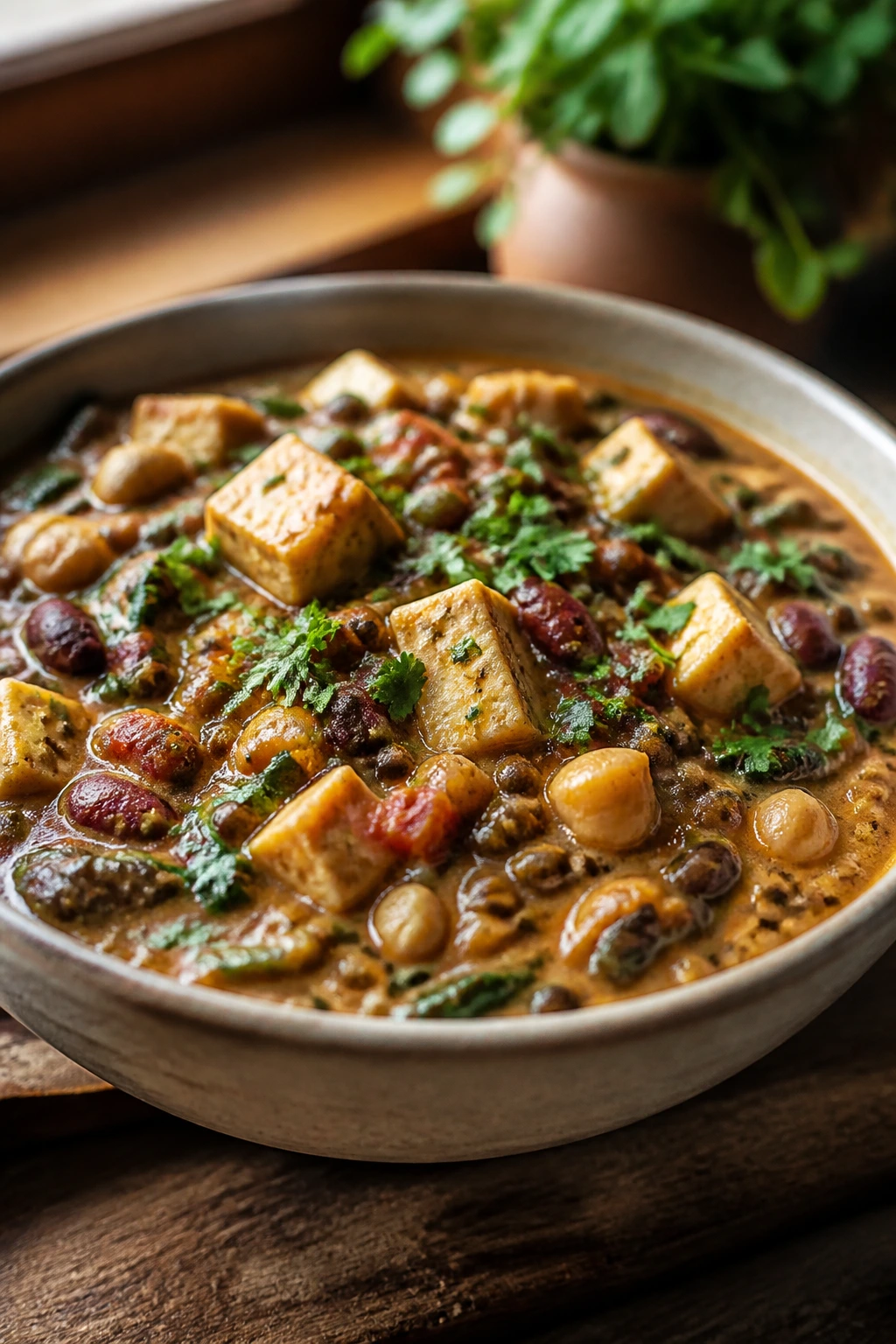 Close-up of a protein-packed veggie bowl with beans, lentils, and tofu on a rustic counter