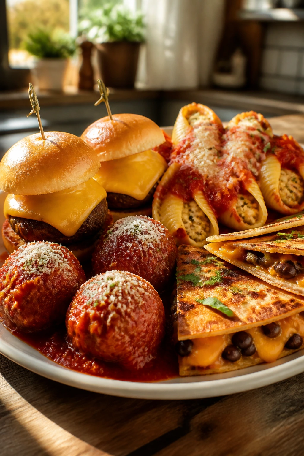 Close-up plate of protein-packed kid-friendly dinners with meatballs, sliders, stuffed shells, and quesadillas on a rustic table.