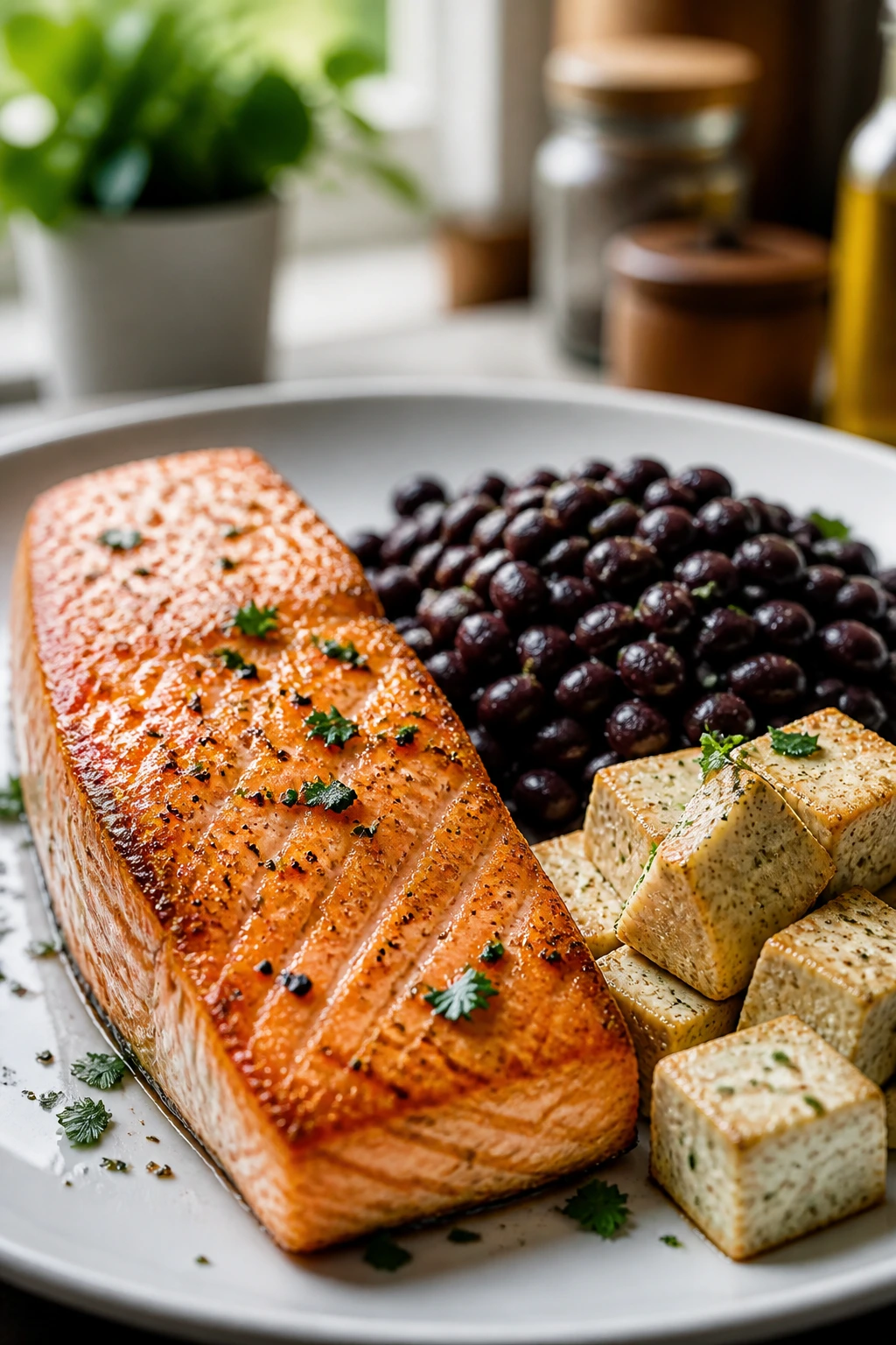 Close-up of a protein-forward plate with salmon, beans, and tofu as dinner protein options