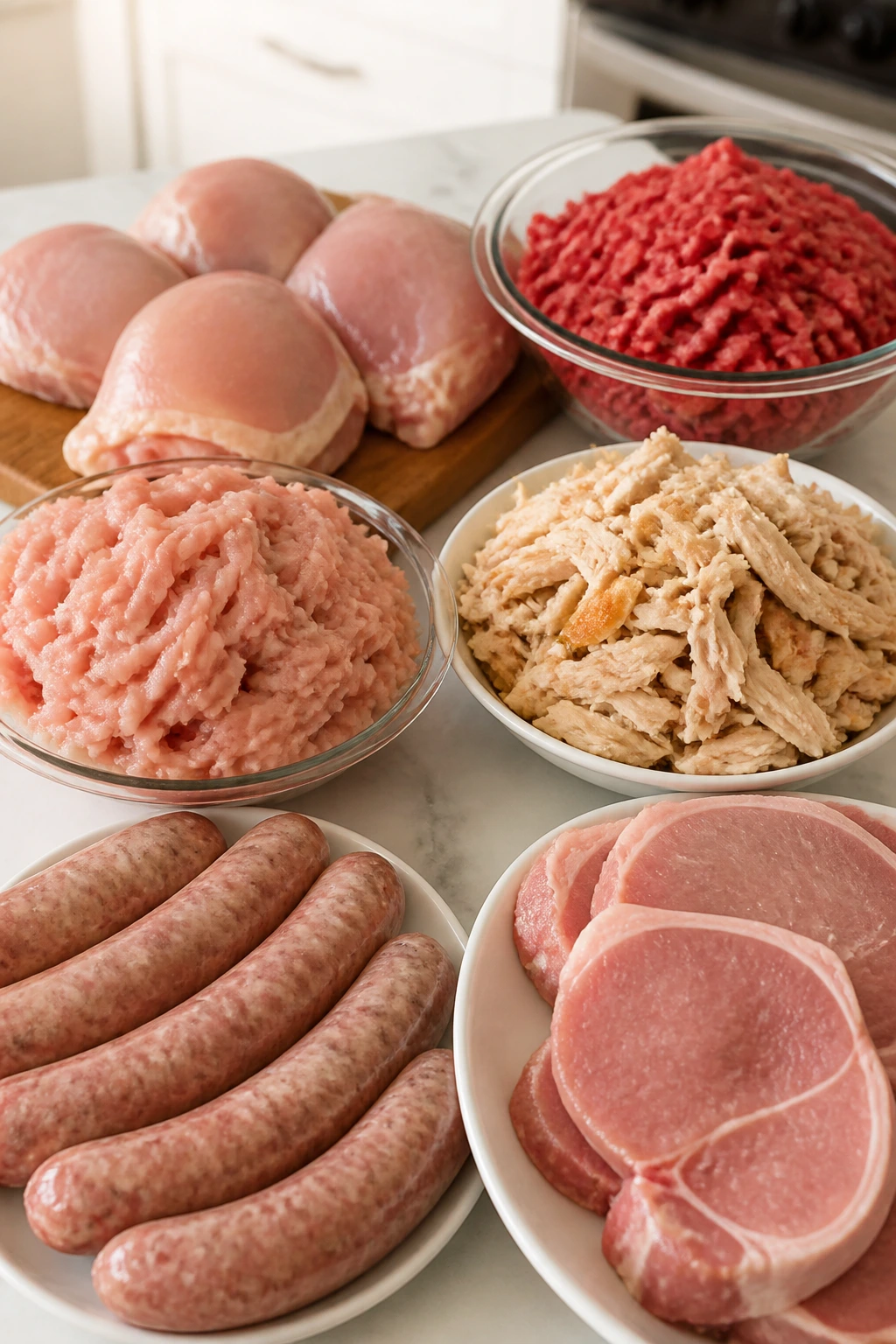 Assorted proteins laid out on a kitchen counter for family dinners