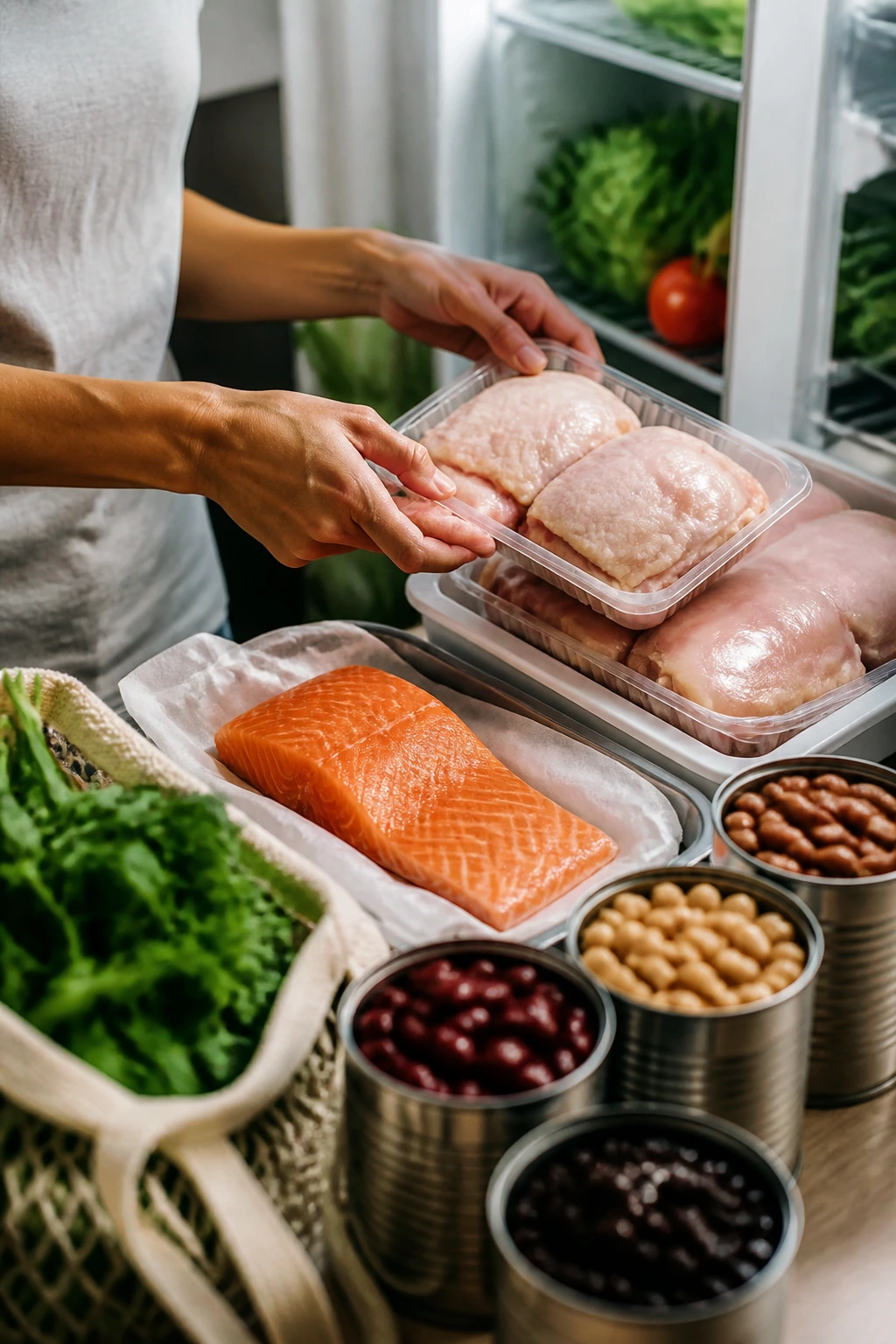 Hands selecting lean protein items in a fridge to illustrate smart shopping for high-protein meals.