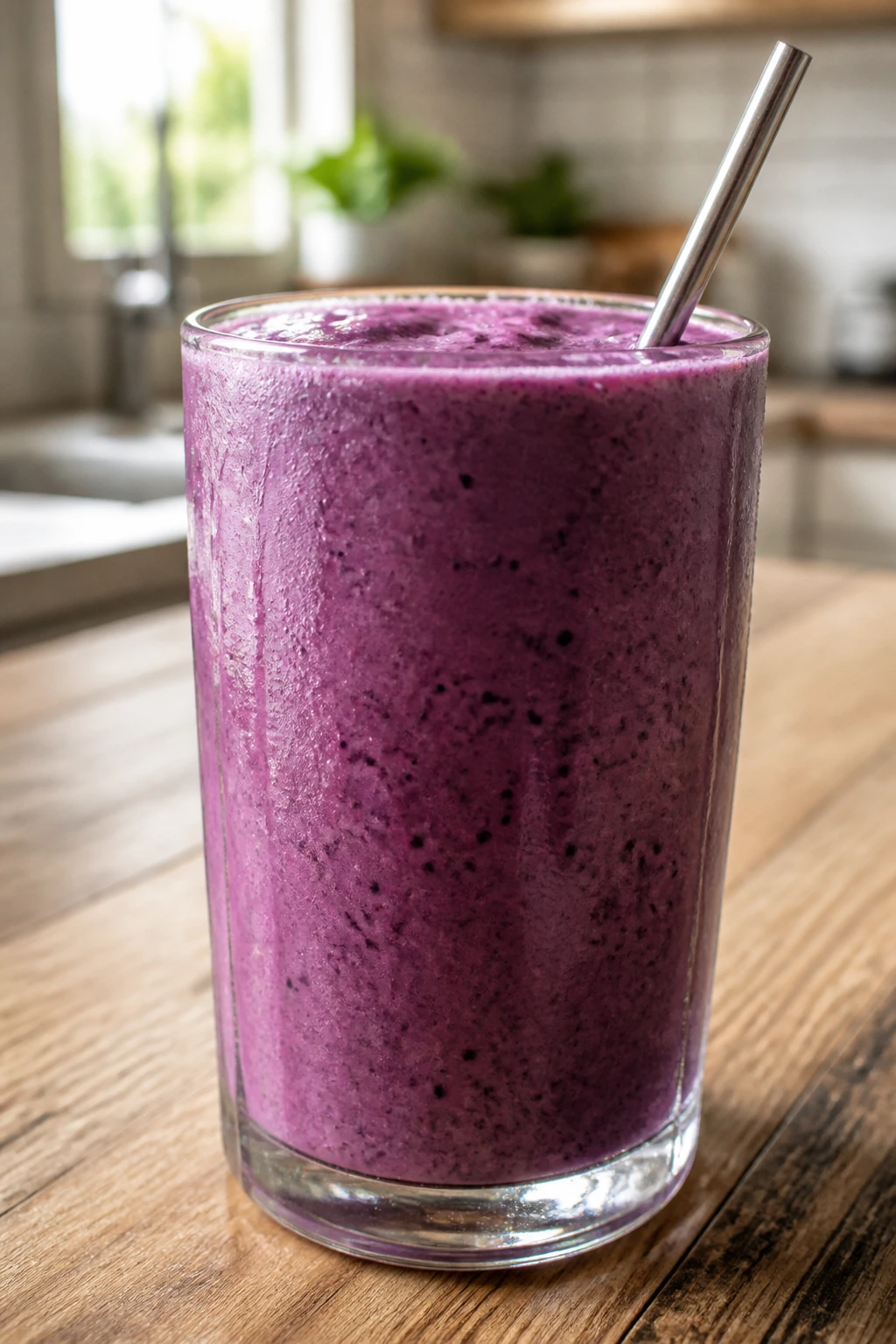 Thick purple berry protein smoothie in glass on wooden table