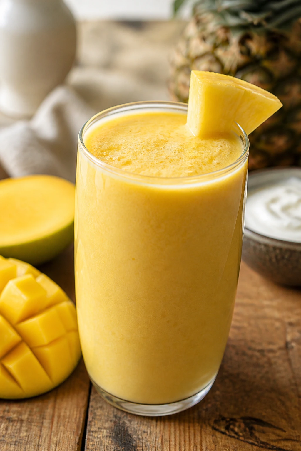 Creamy Tropical Protein Smoothie in a glass on a breakfast table