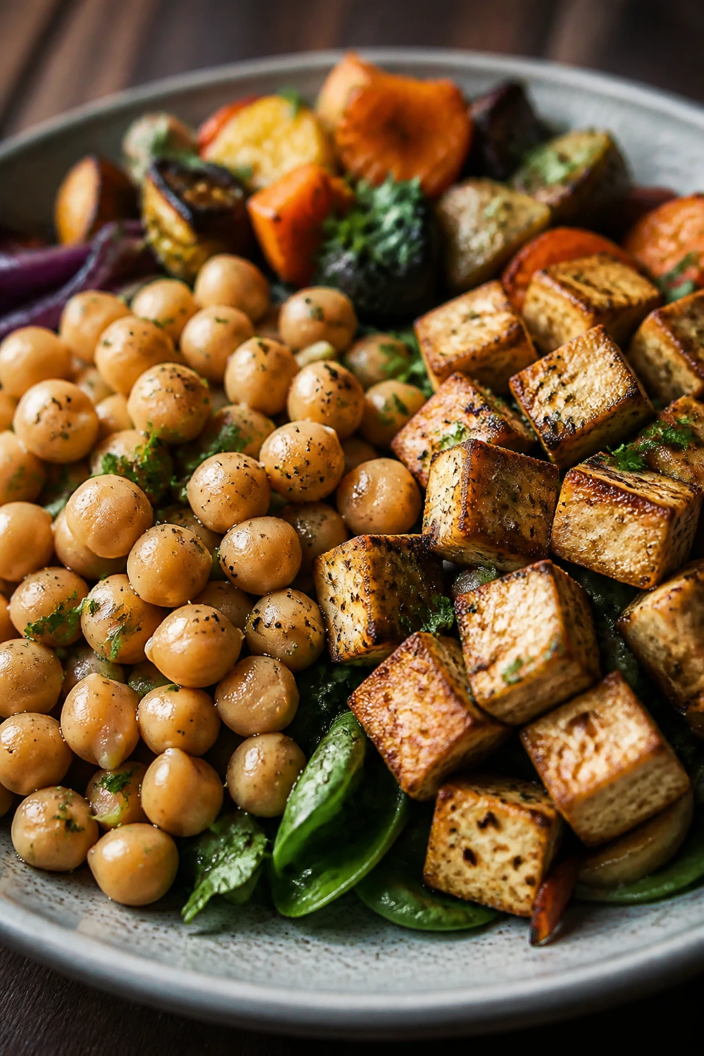 Plate showing beans and tofu as easy protein swaps for veggie meals.