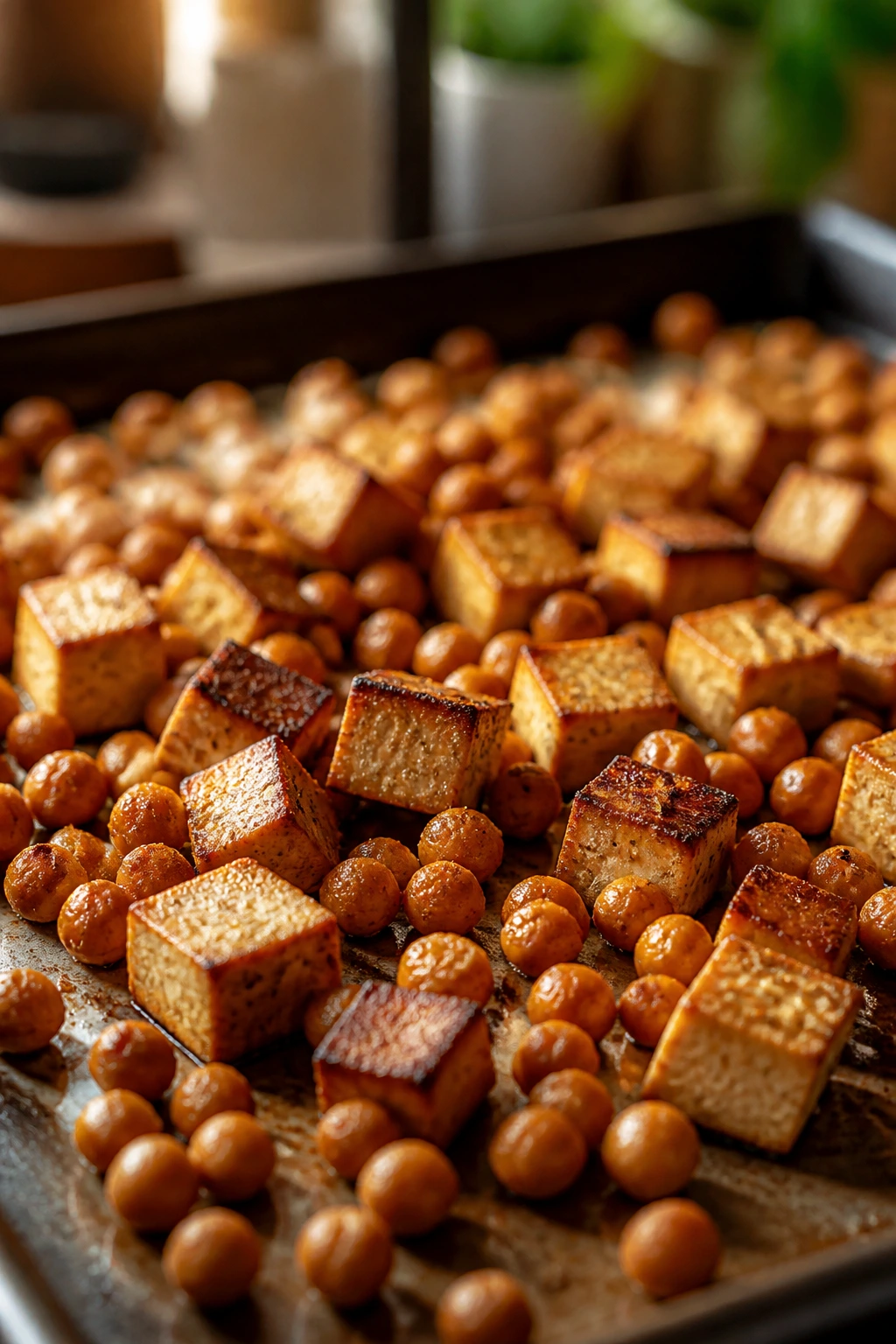 Roasted chickpeas and firm tofu cubes on a sheet pan.