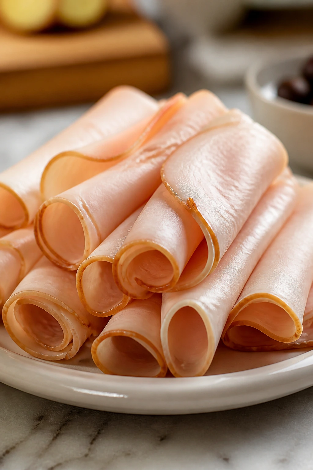 Close-up of neatly rolled turkey slices on a plate for kids' lunch