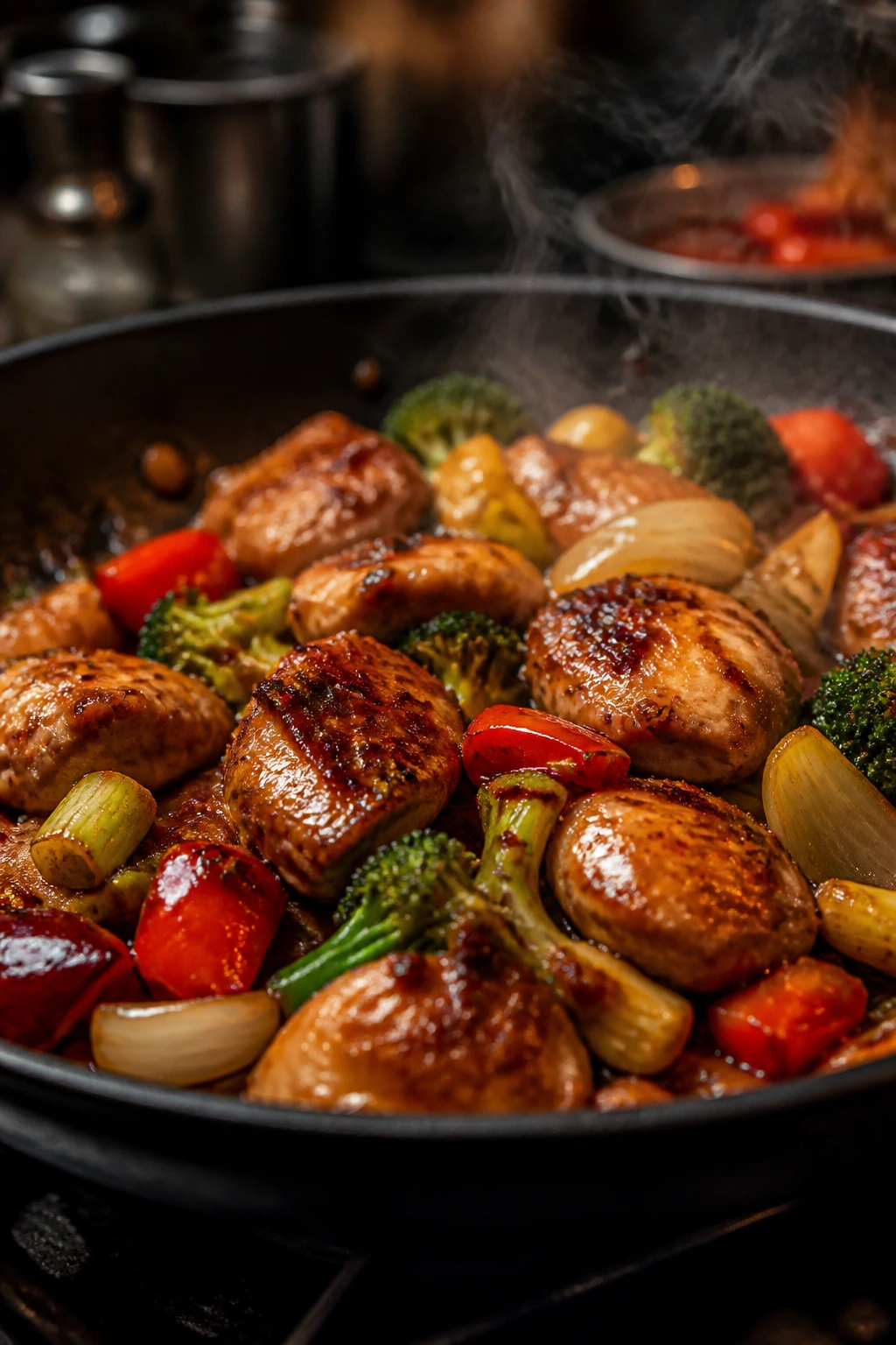 Sizzling skillet with chicken thighs and vegetables in glossy sauce