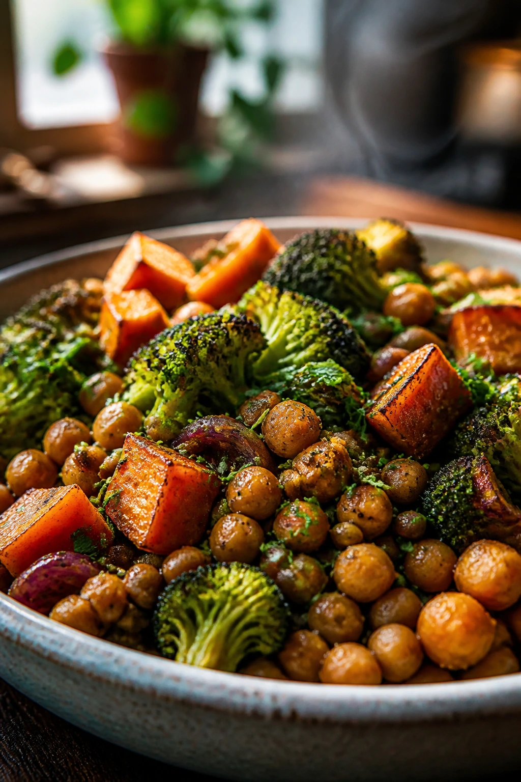 Close-up of a hearty protein-forward vegetable bowl with lentils, sweet potatoes, broccoli, and chickpeas.