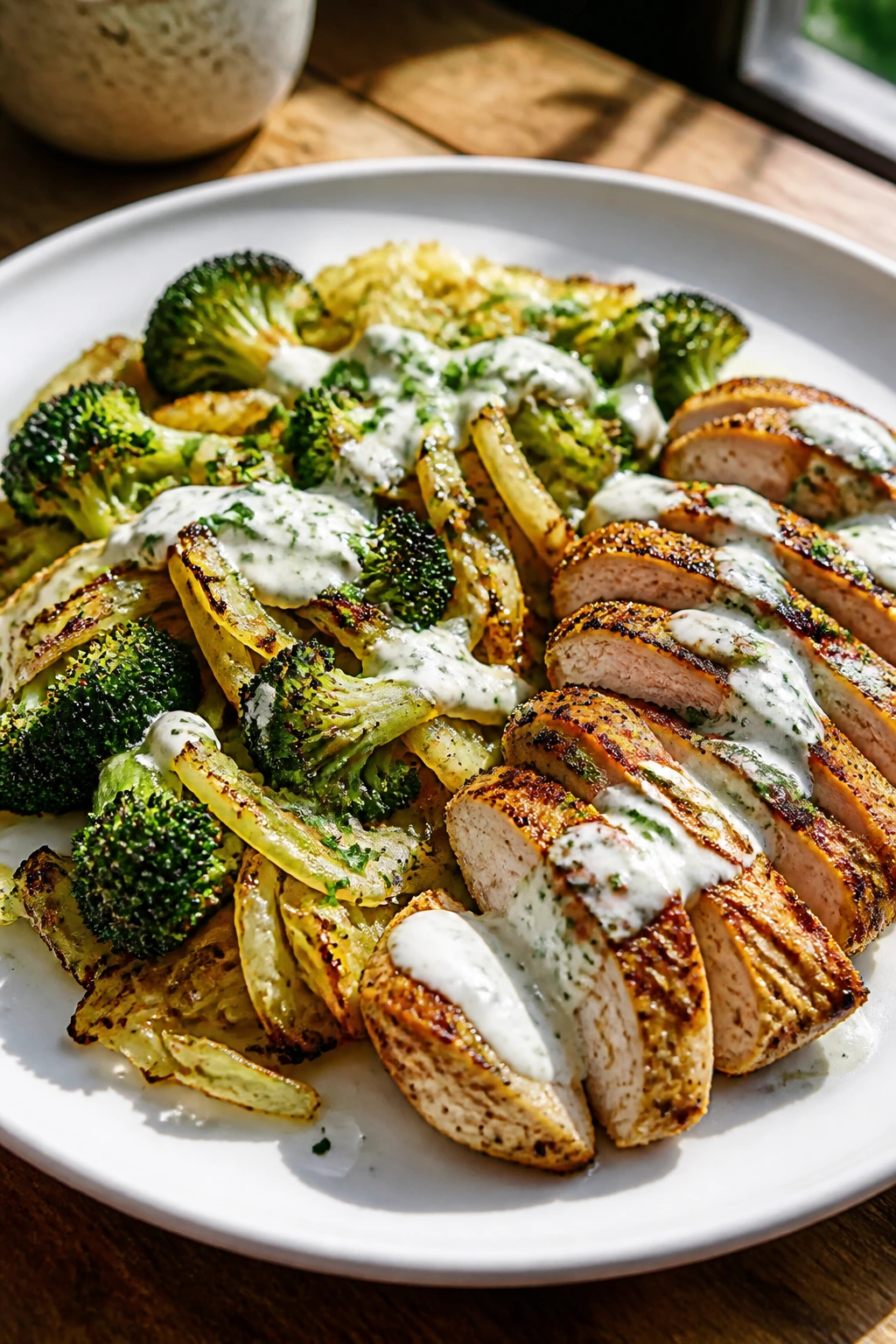 Close-up of lean low-carb dinner plate with grilled chicken, browned vegetables, and yogurt sauce on a wooden table