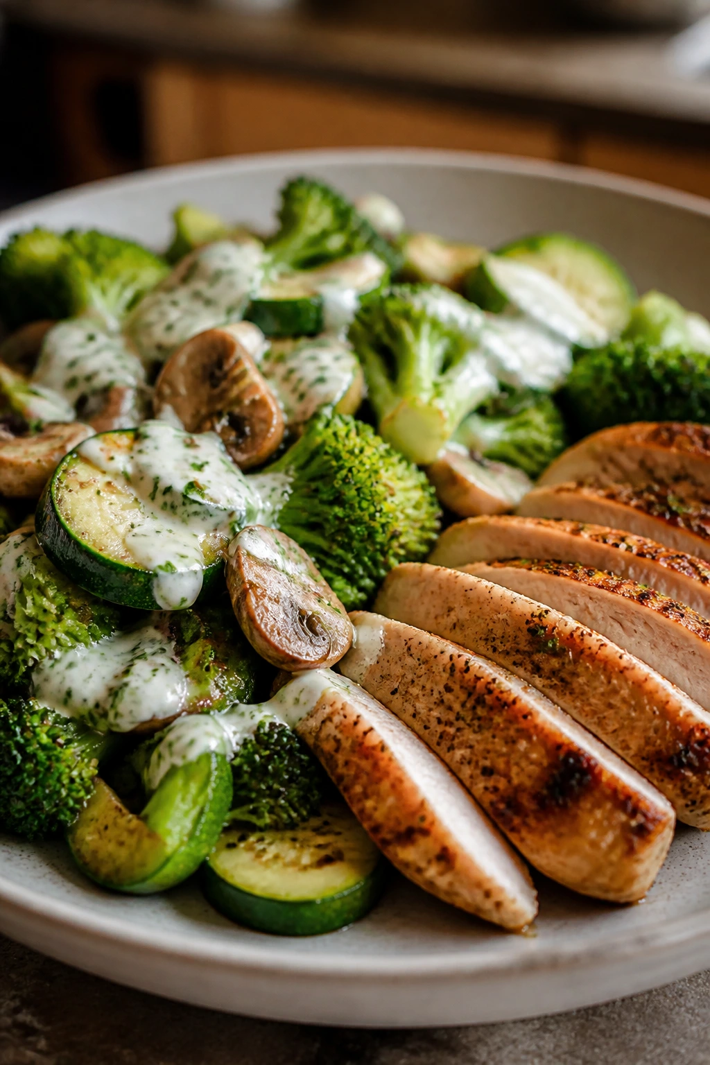 Plate showing lean protein with vegetables and light sauce in a home kitchen