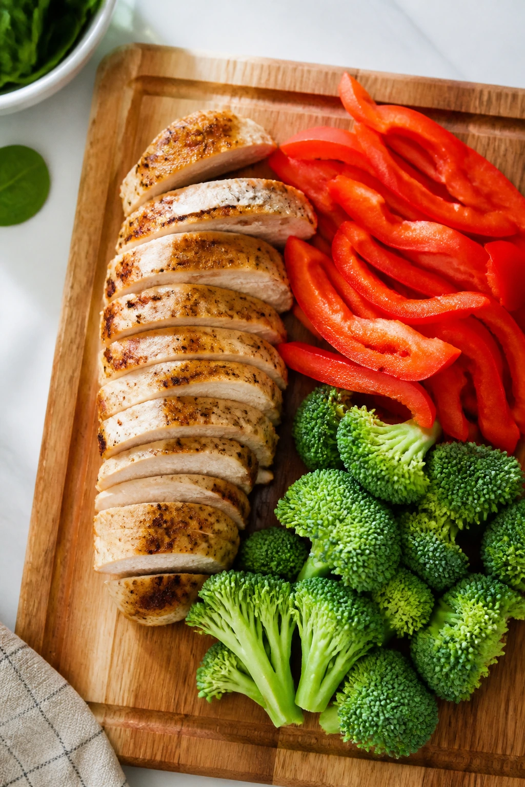Cutting board with chicken and bright vegetables ready for light dinner