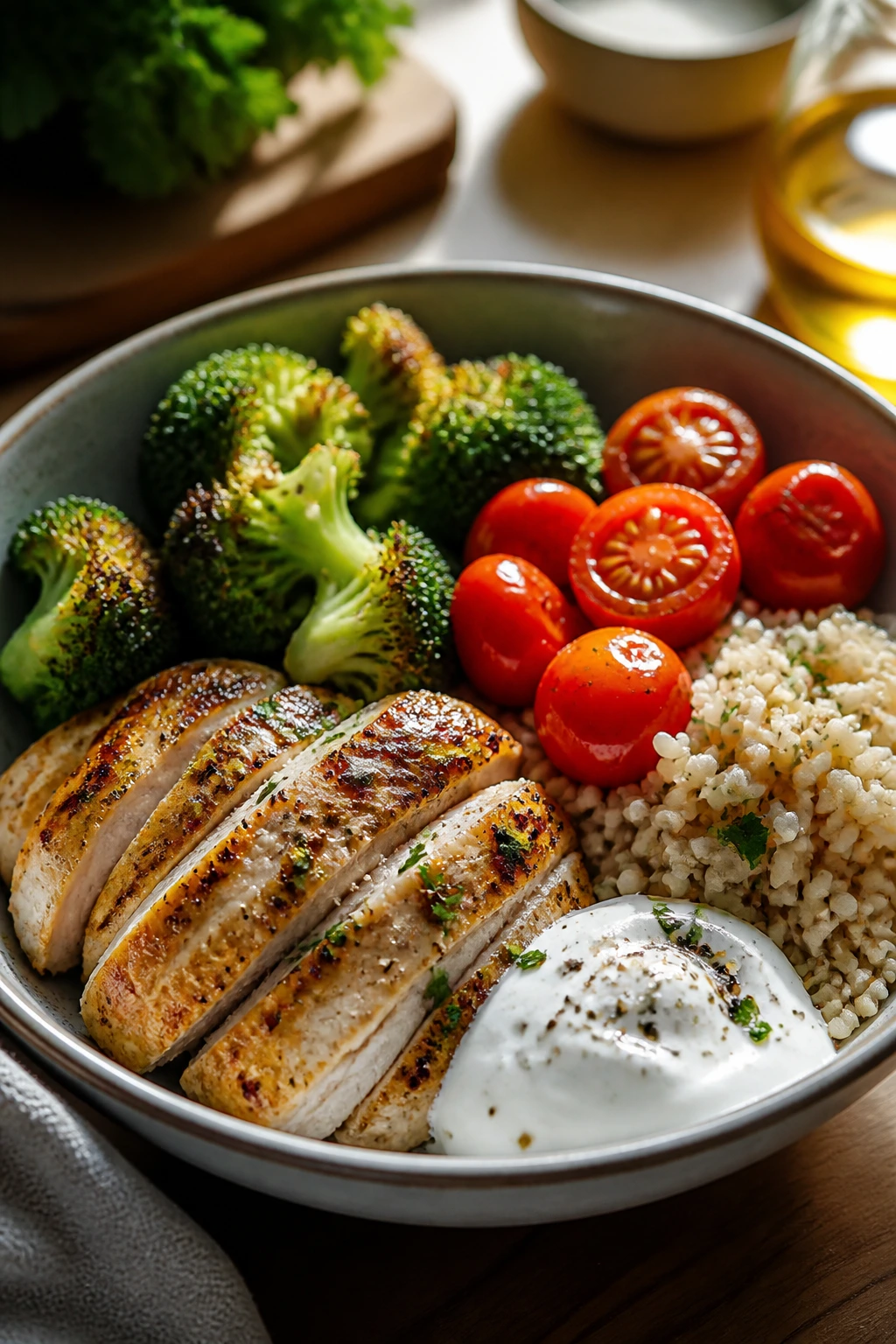Close-up of a colorful balanced 500-calorie bowl with protein and vegetables