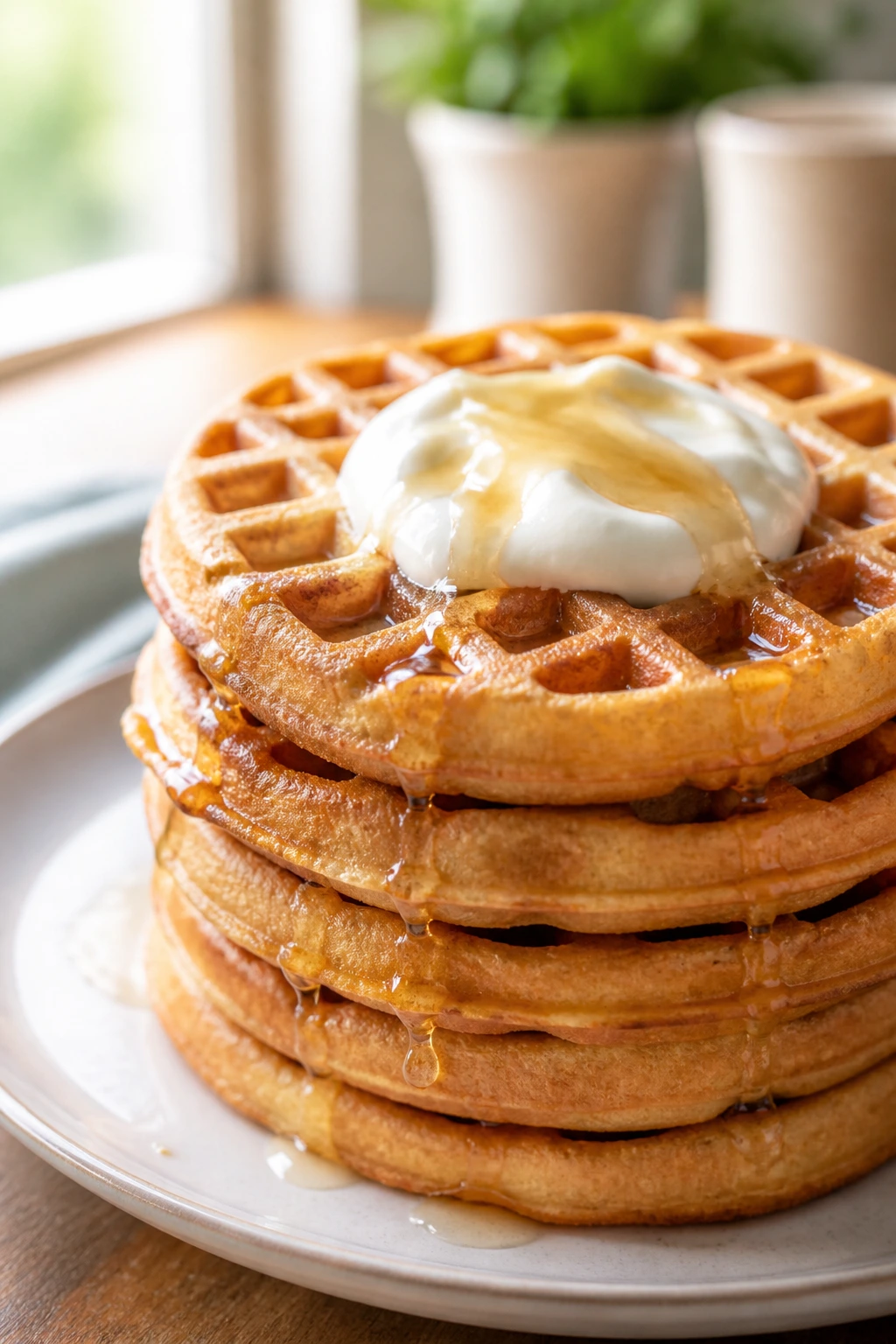 Stack of protein waffles with yogurt topping on a plate