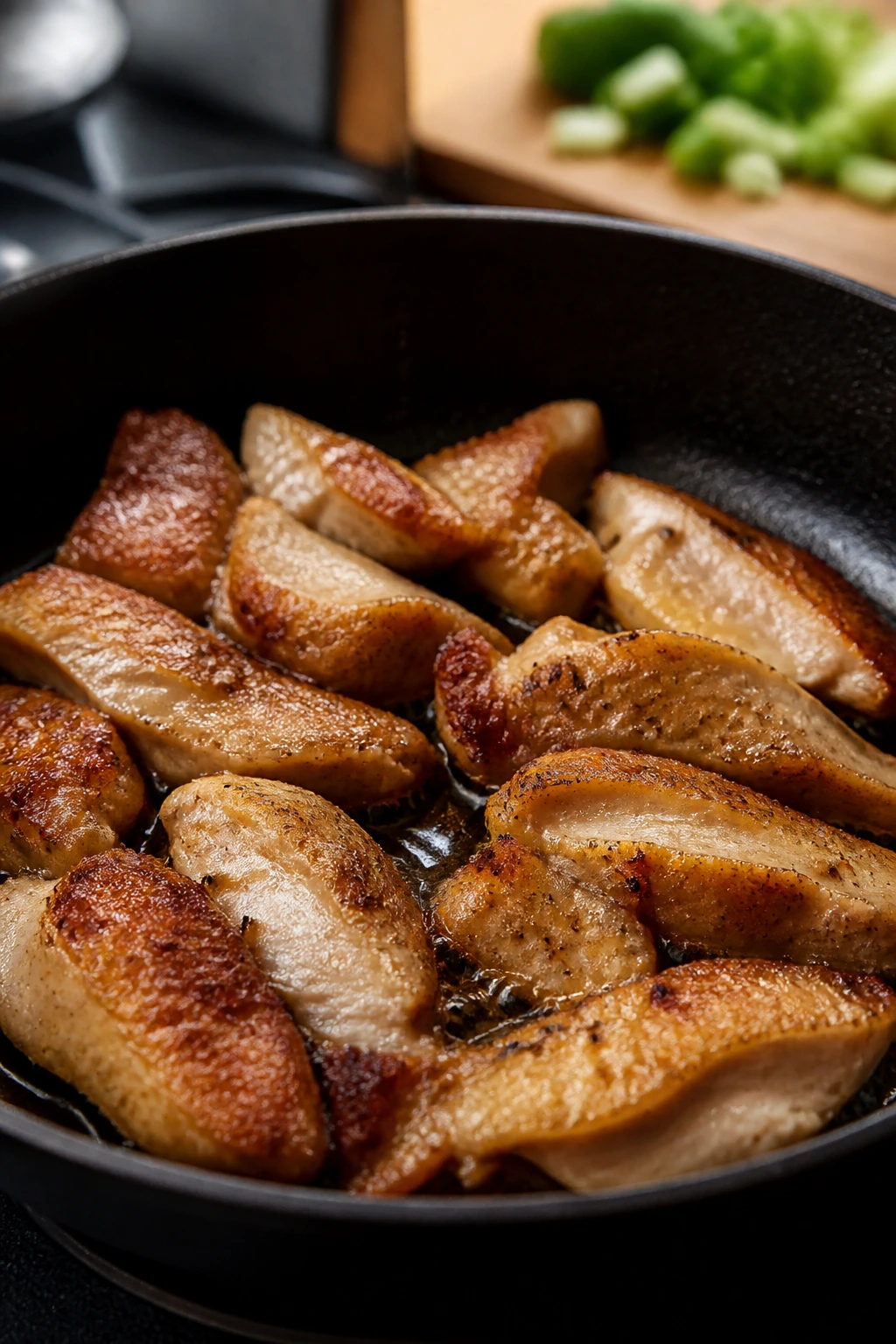 Close-up of a chicken thigh browning in a hot skillet