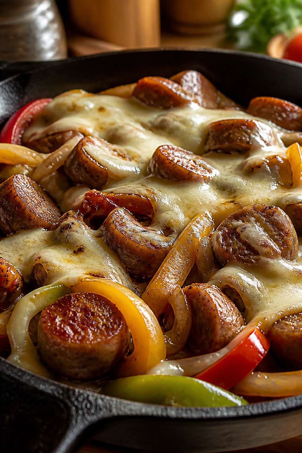 Provolone-melted variation of sausage and peppers