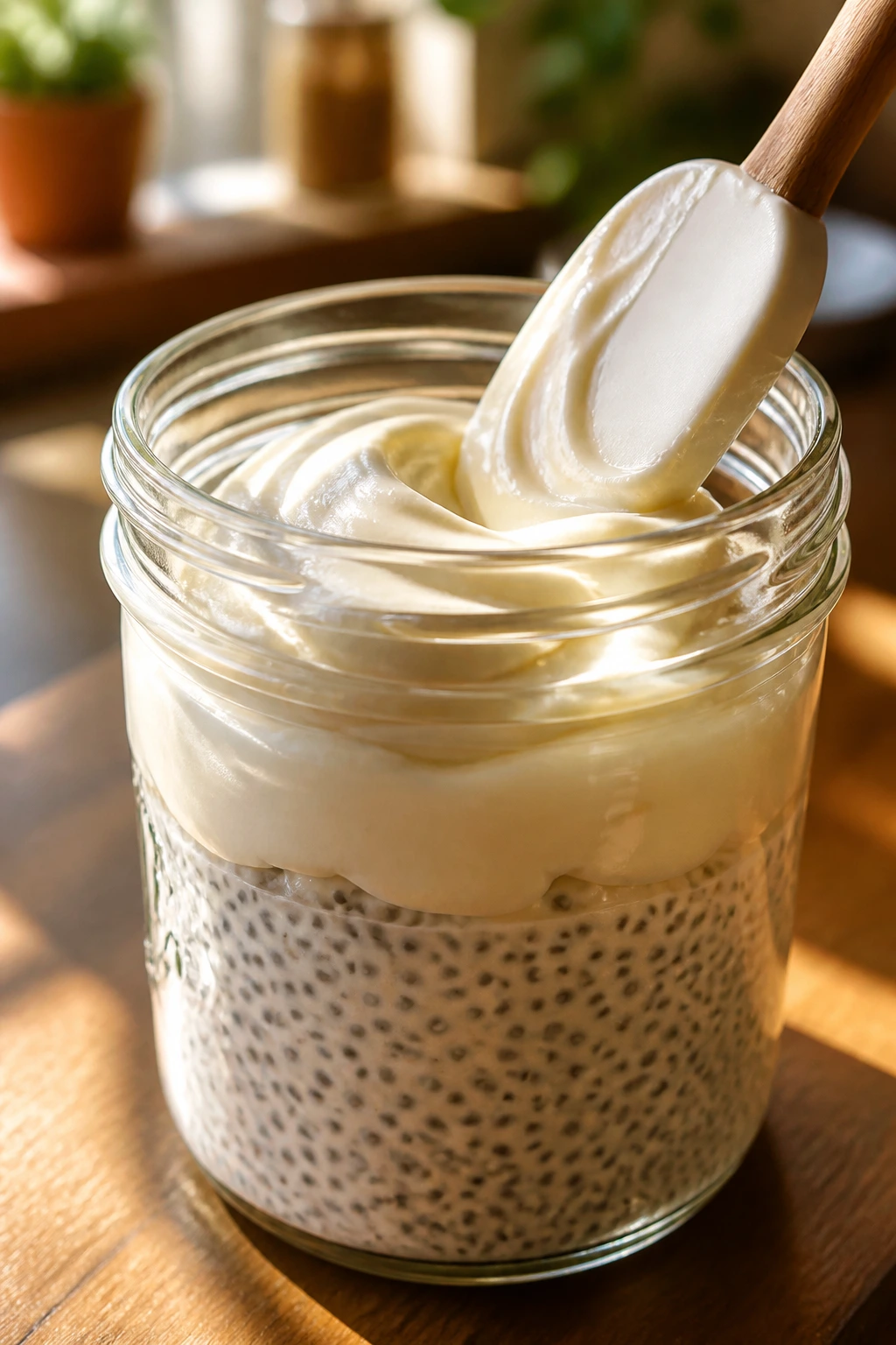 Jar of vanilla chia pudding with frosting on top in a warm kitchen