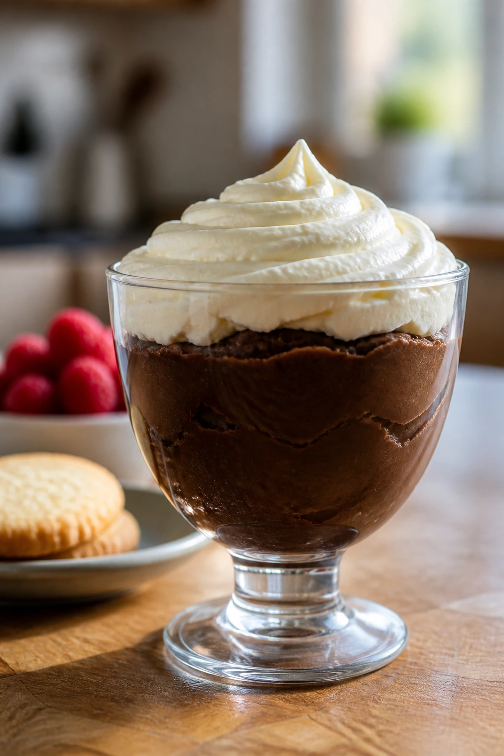 Close-up of avocado chocolate pudding in a clear glass with pale frosting on top in a kitchen setting