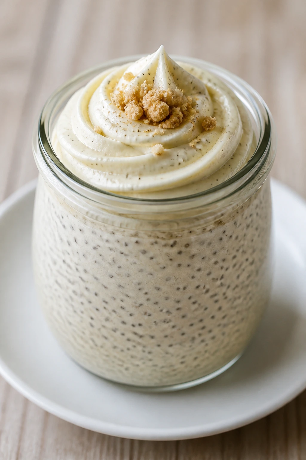 Chia pudding in a jar with frosting swirl on a plate