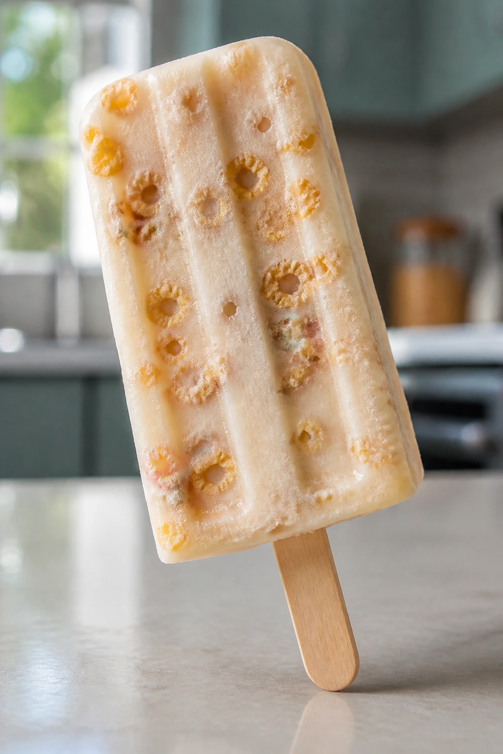 Pale vanilla cereal milk pudding pop with cereal bits on a stick.