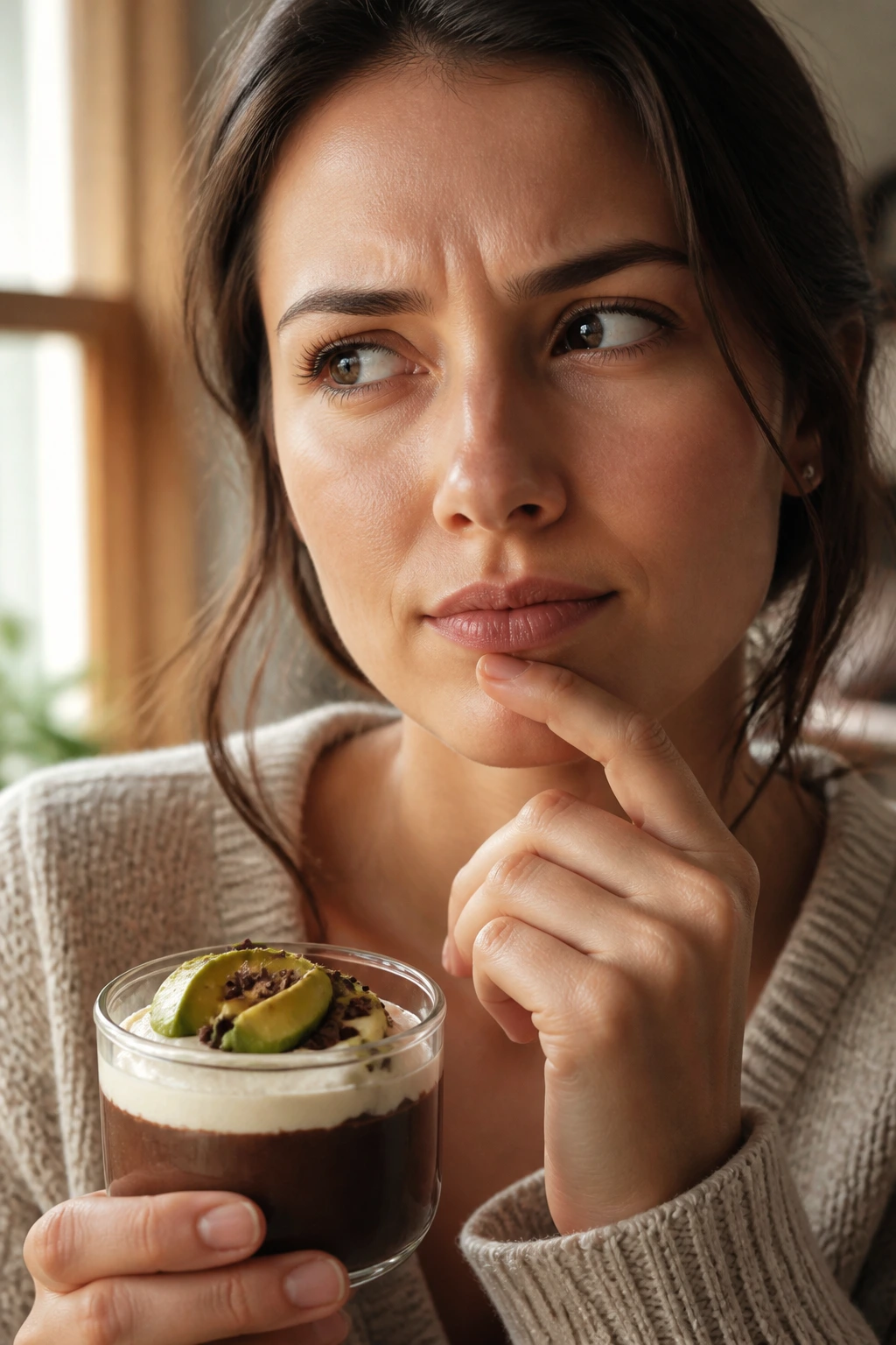 Curious person contemplating pudding in a kitchen