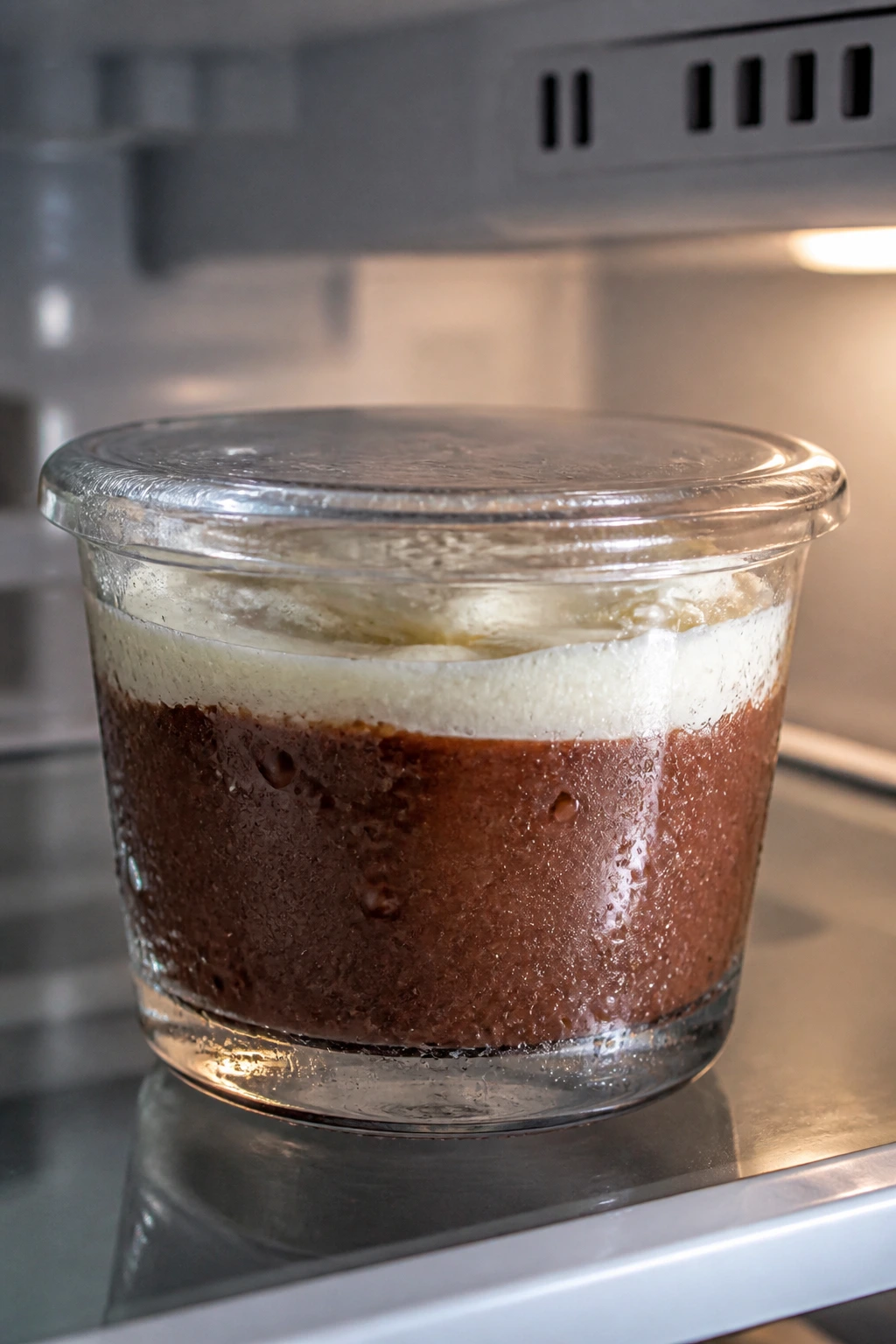 Glass dessert cup in fridge with condensation, illustrating proper cold storage