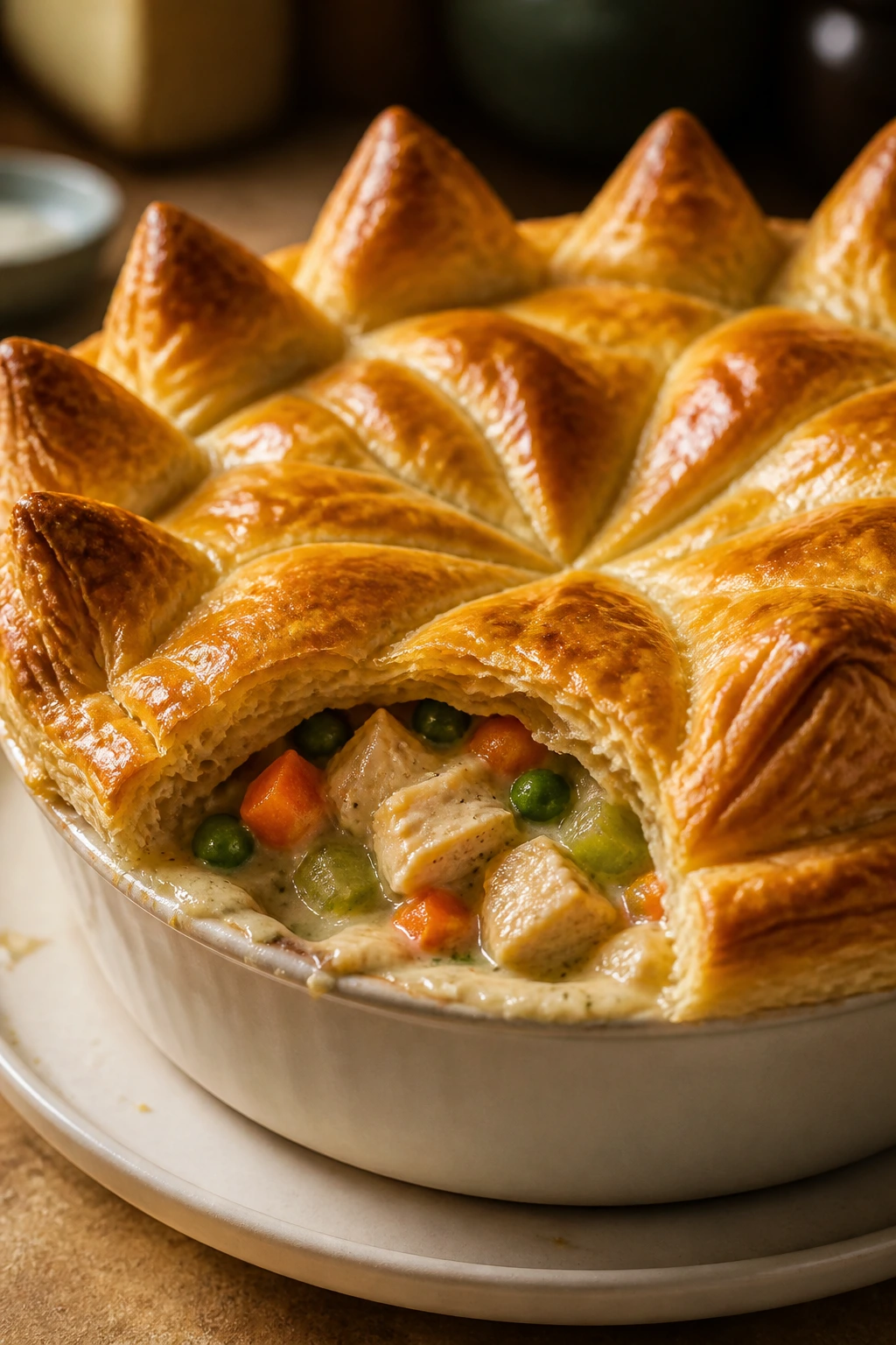 Puff pastry crowned chicken pot pie with glossy top and gold edges