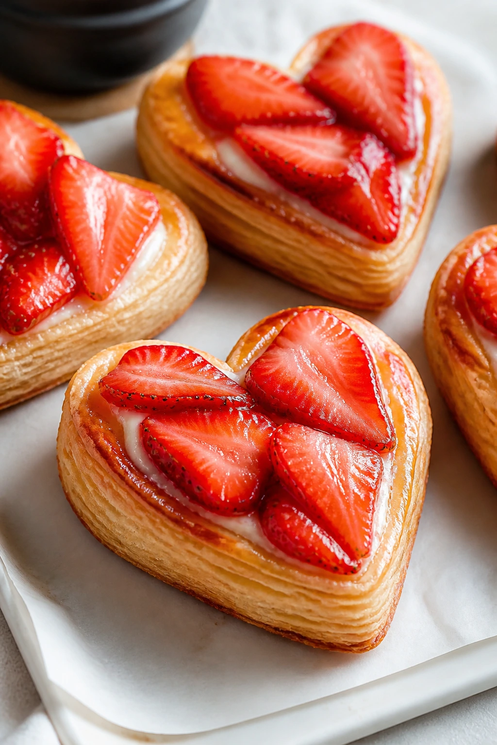Close-up of puff pastry strawberry heart pastries with golden edges