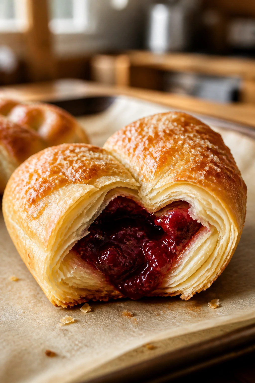 Close-up of a jam-filled puff pastry heart with flaky layers on parchment.
