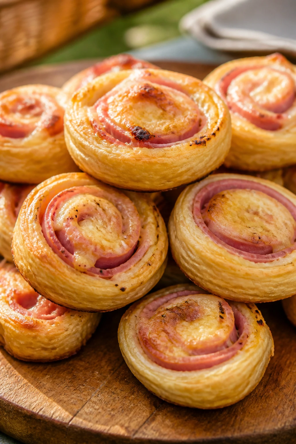 Close-up of ham and cheese puff pastry pinwheels on a wooden board outdoors
