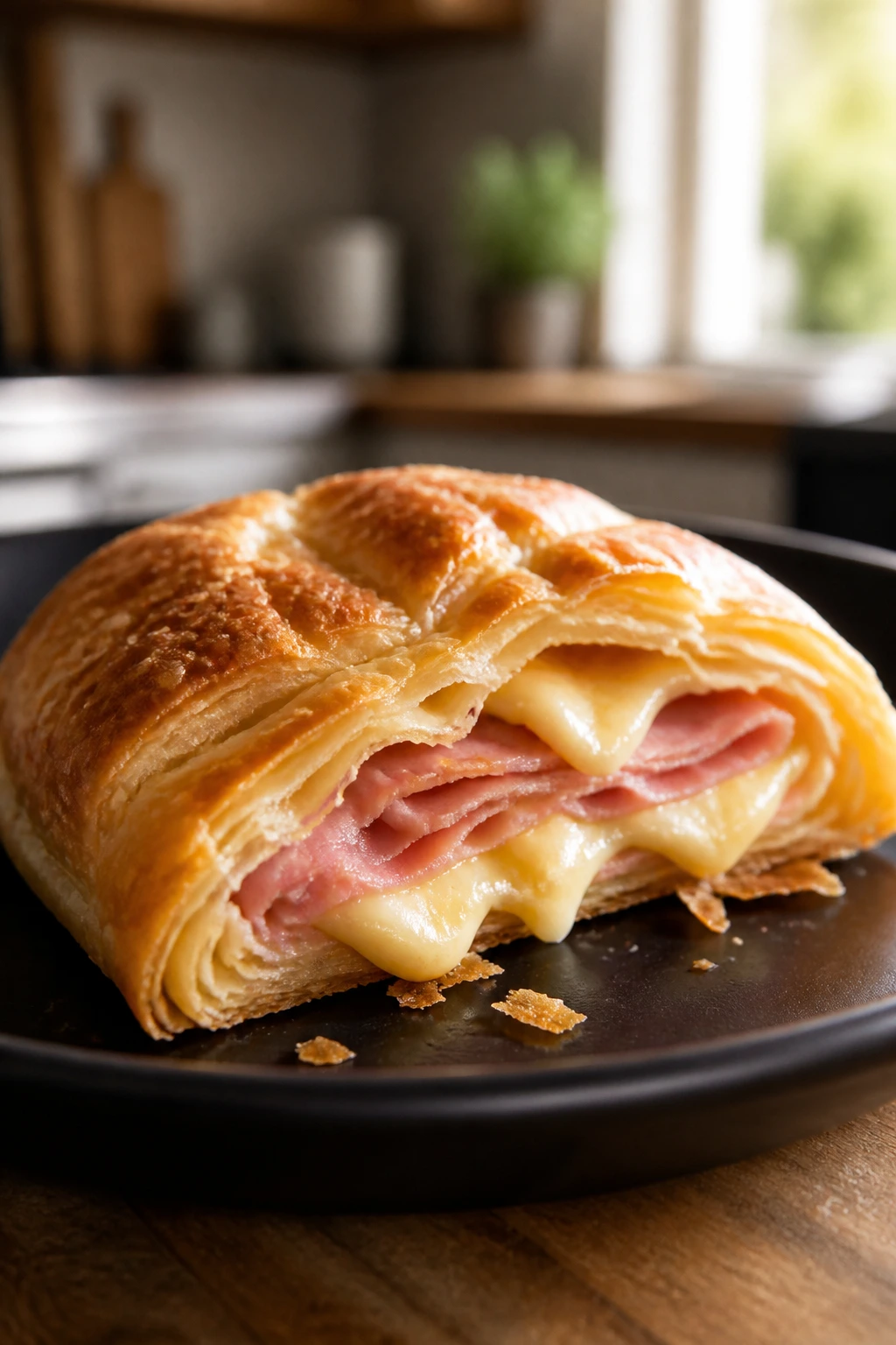 Pocket torn open showing ham and cheese inside puff pastry.