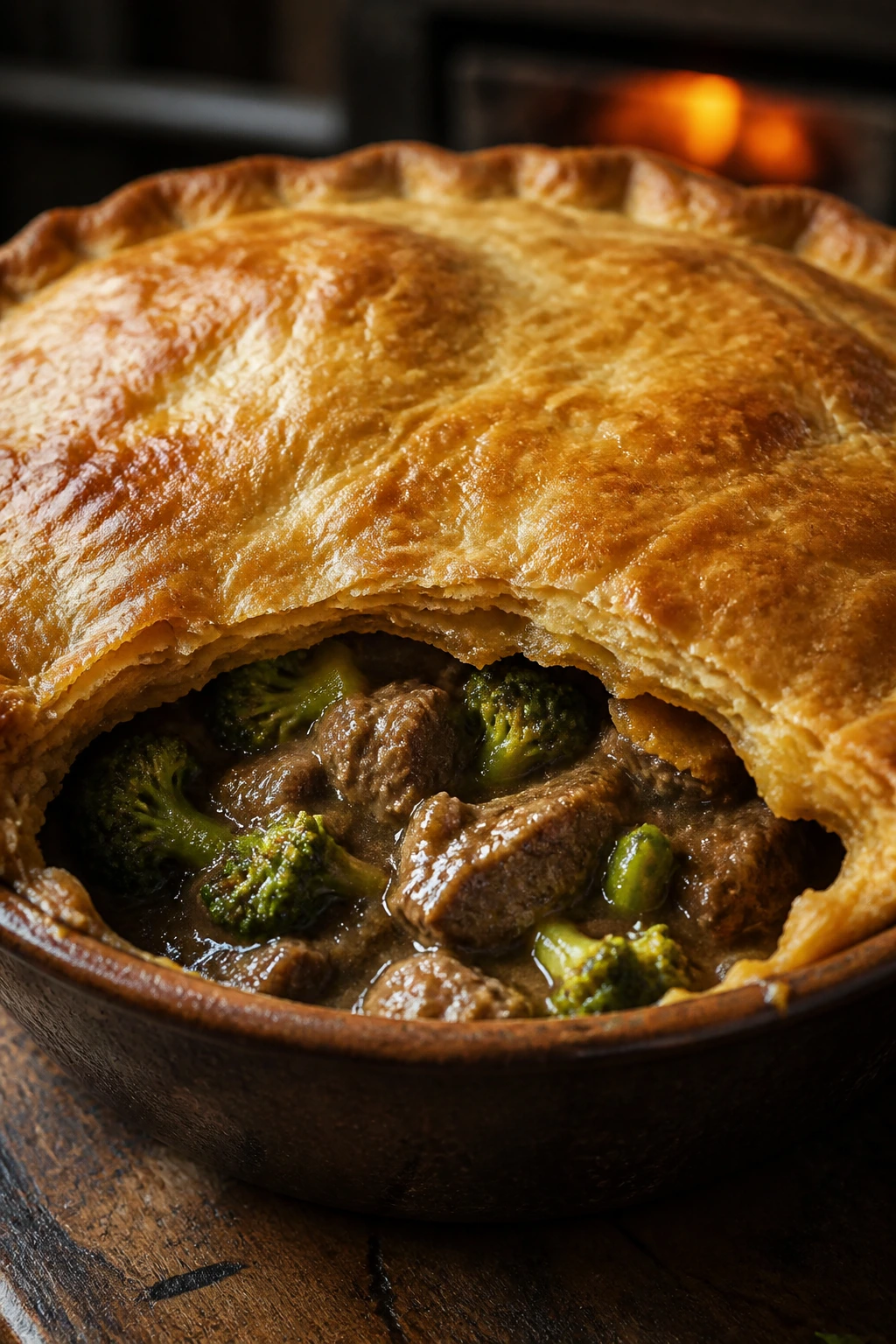 Golden puff pastry pot pie with beef and broccoli filling