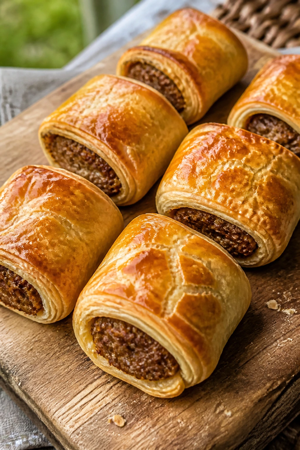 Golden puff pastry sausage rolls on a wooden board.