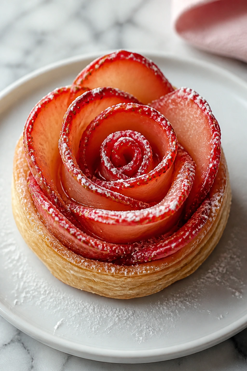Puff pastry strawberry rose on a plate