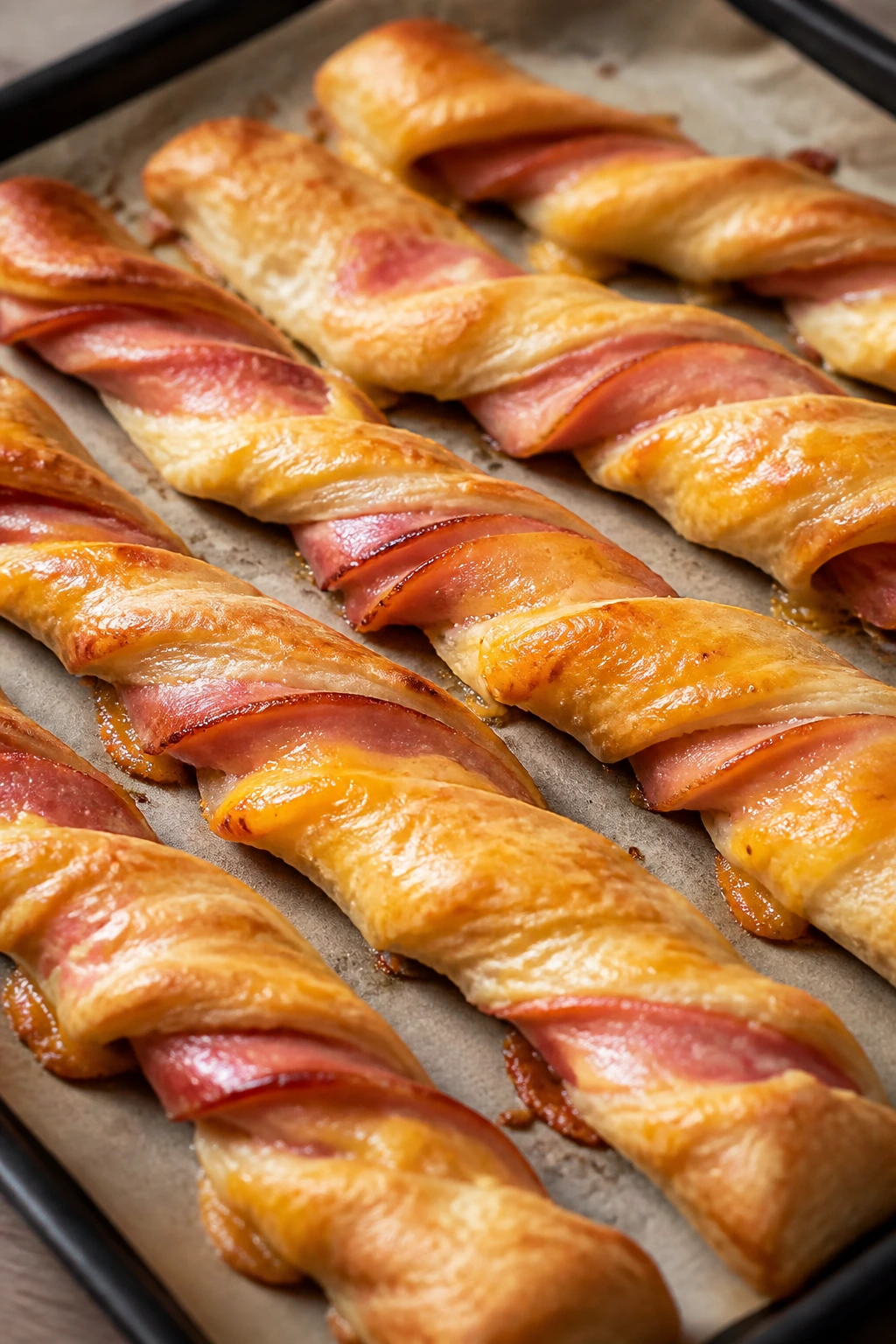 Flaky puff pastry twists with ham and cheddar on a baking sheet