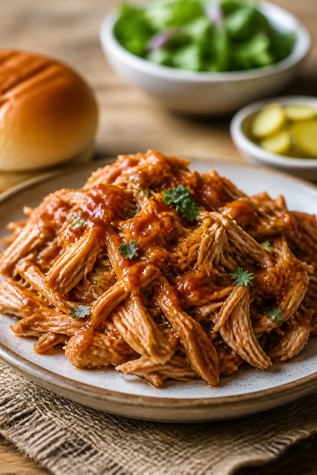 Plated pulled chicken with herbs on a rustic plate