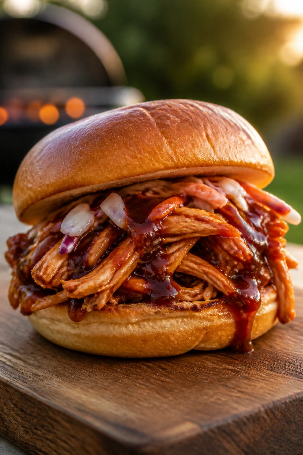 Close-up of a BBQ pulled chicken sandwich on a rustic board with smoky sauce