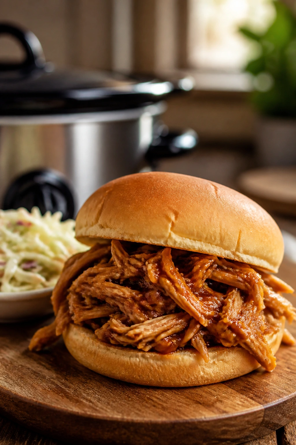 Pulled chicken sandwich close-up with sauce on a soft bun and slaw nearby